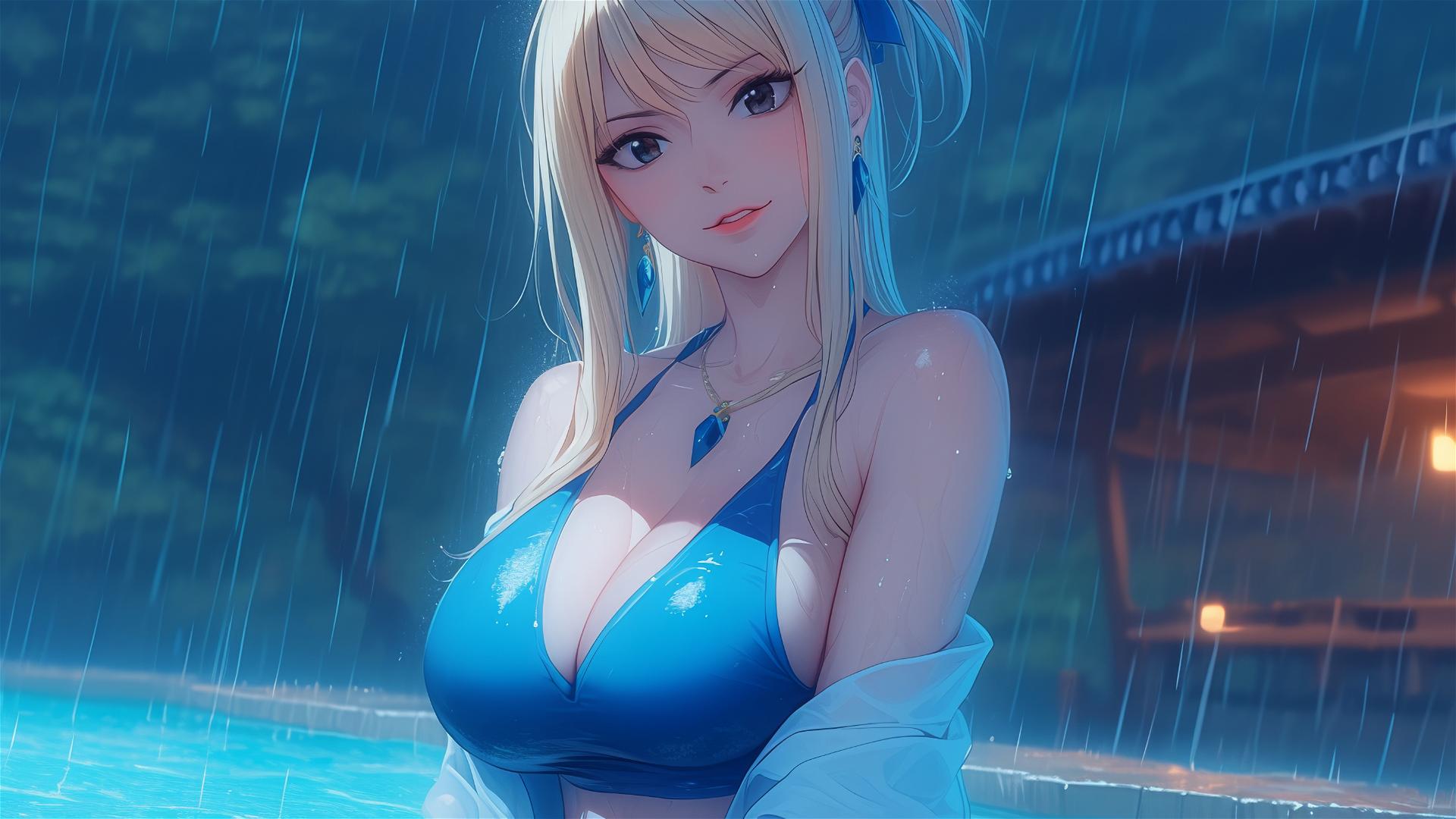Lucy Heartfilia resting at a rainy pool under moonlight