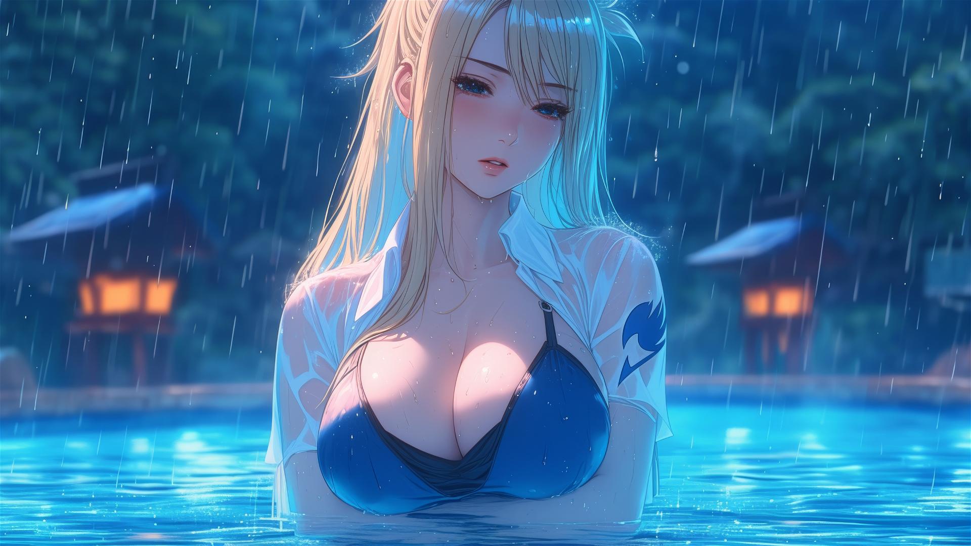 Lucy Heartfilia rests by a rainy pool under moonlight