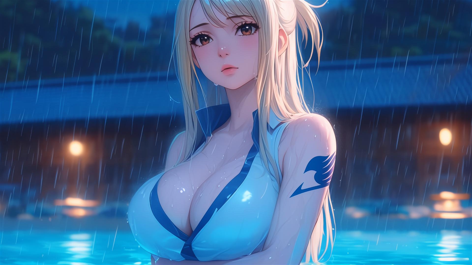 Lucy Heartfilia resting by a rainy pool with soft moonlight glow