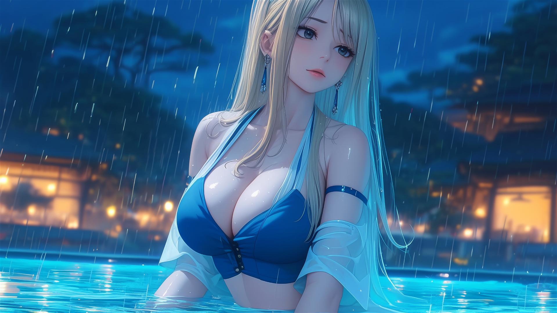 Lucy Heartfilia from Fairy Tail resting by a rainy pool under moonlight