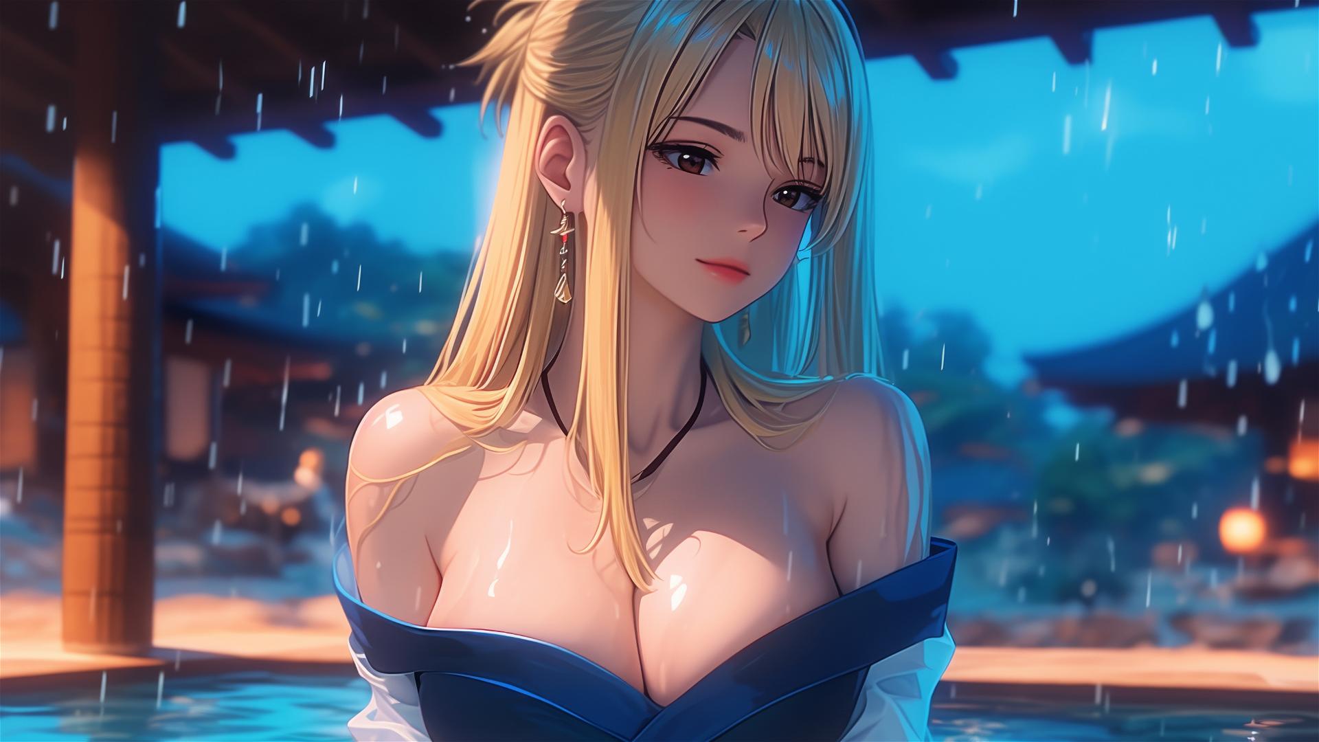 Lucy Heartfilia leisurely resting in a tub with moonlight casting a soft glow.