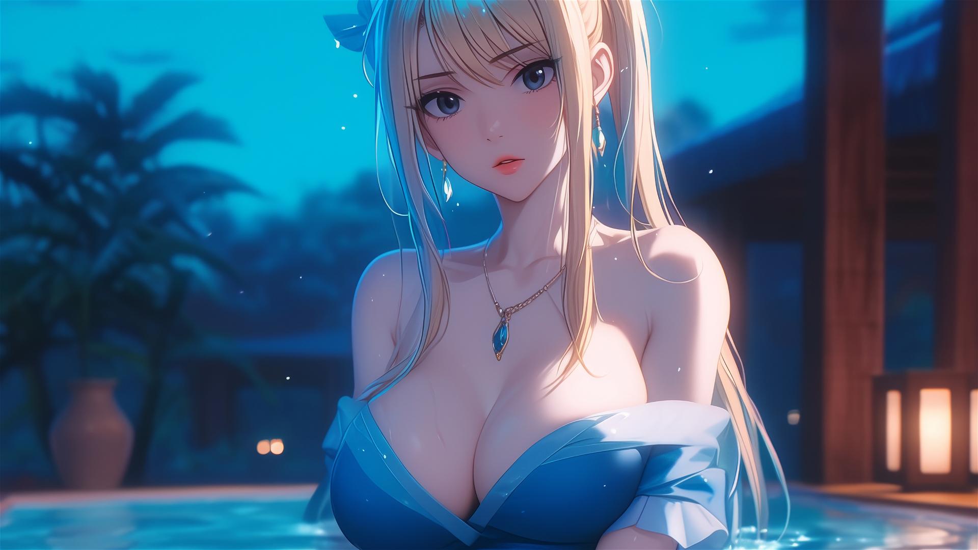 Lucy Heartfilia from Fairy Tail resting in a tub with moonlight glow