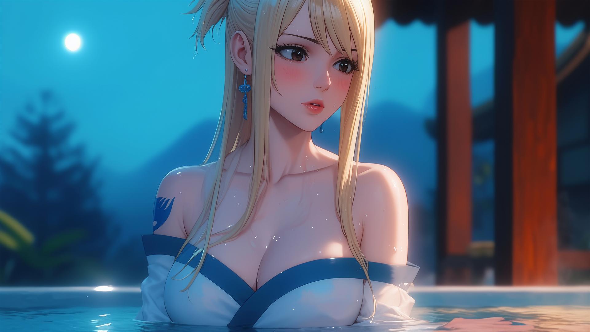 Lucy Heartfilia from Fairy Tail resting in a tub with moonlight glow