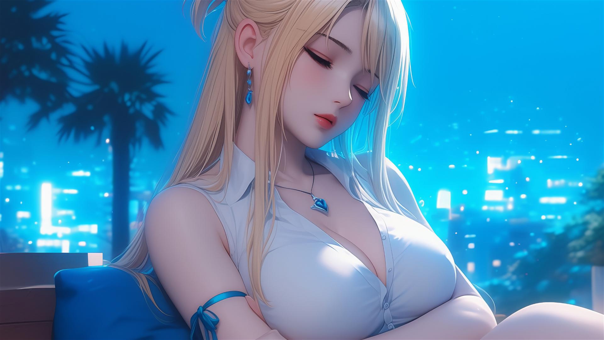 Lucy Heartfilia resting in moonlit apartment