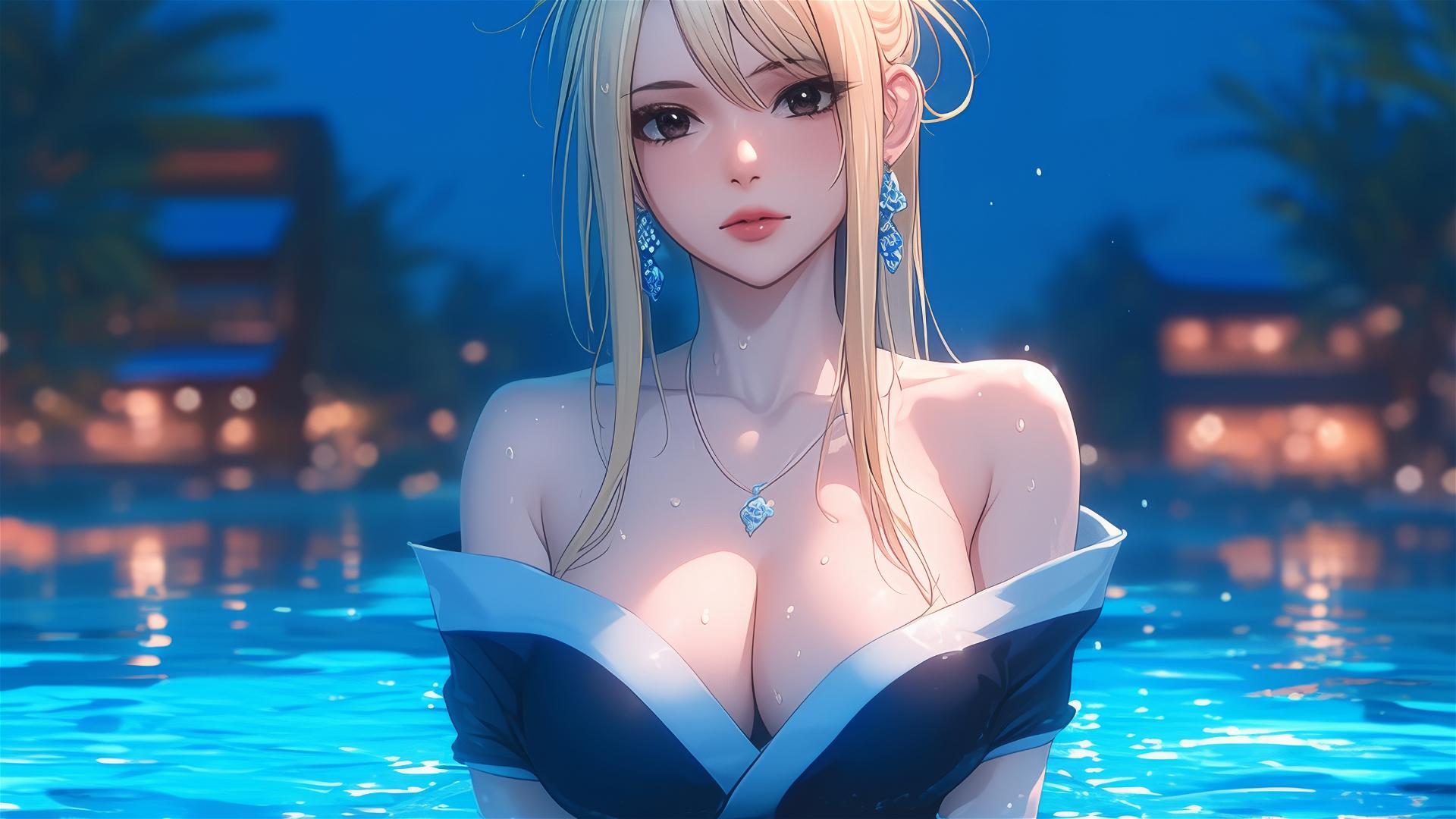 Lucy Heartfilia relaxing in a bathtub under moonlight