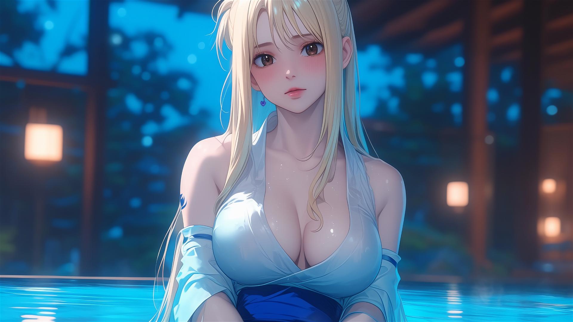 Lucy Heartfilia from Fairy Tail resting in a tub under moonlight