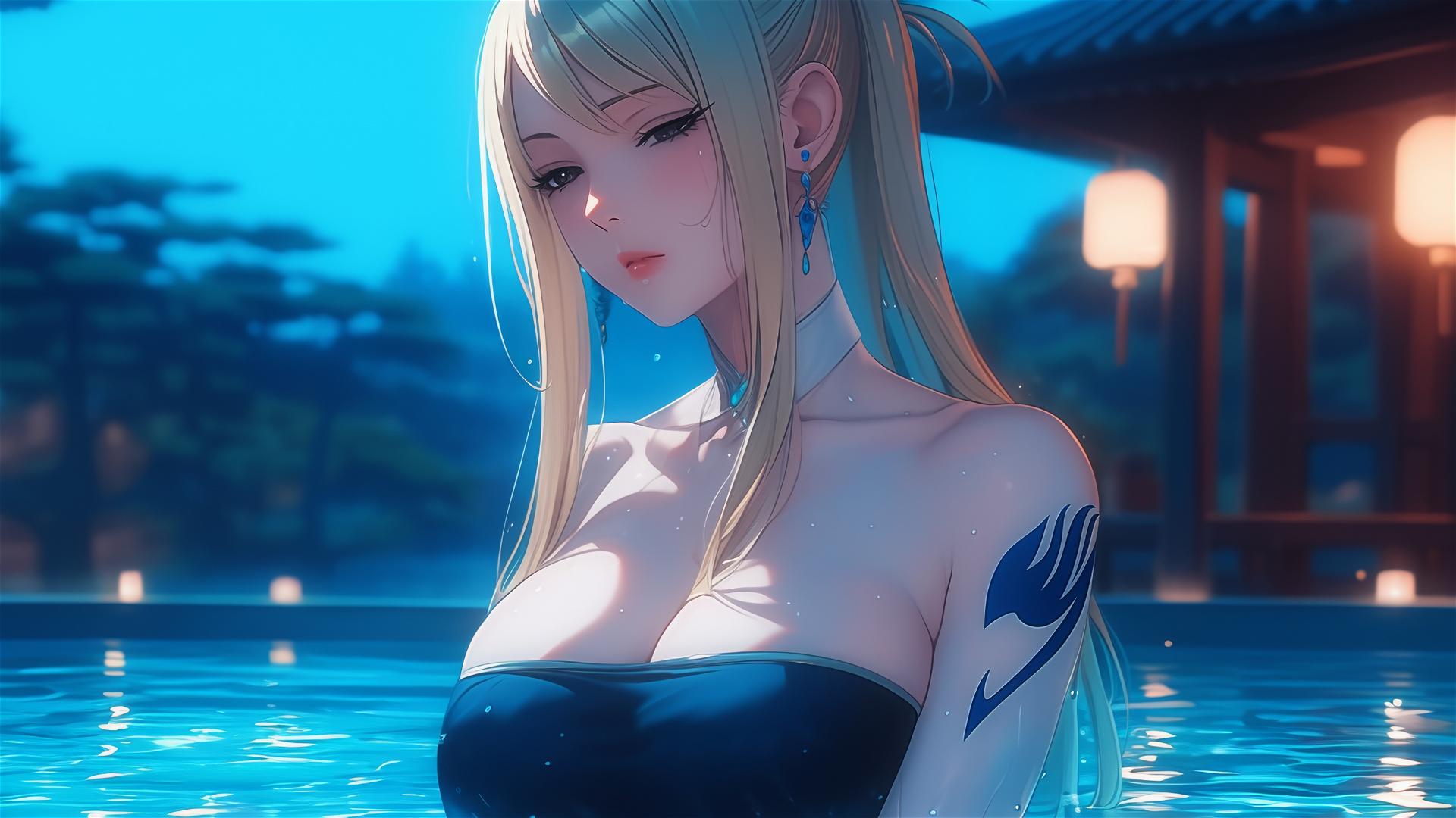 Lucy Heartfilia resting in a tub with moonlight glow