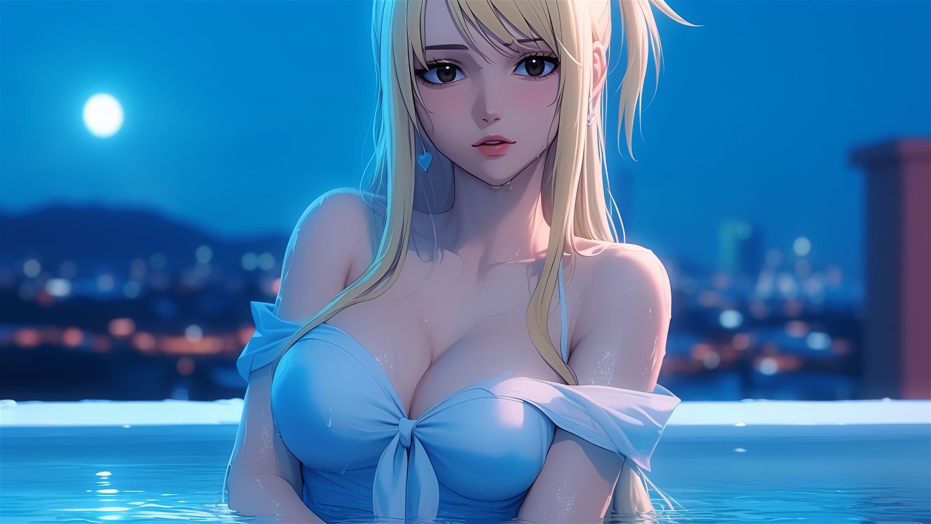 Lucy Heartfilia resting in bathtub under moonlight