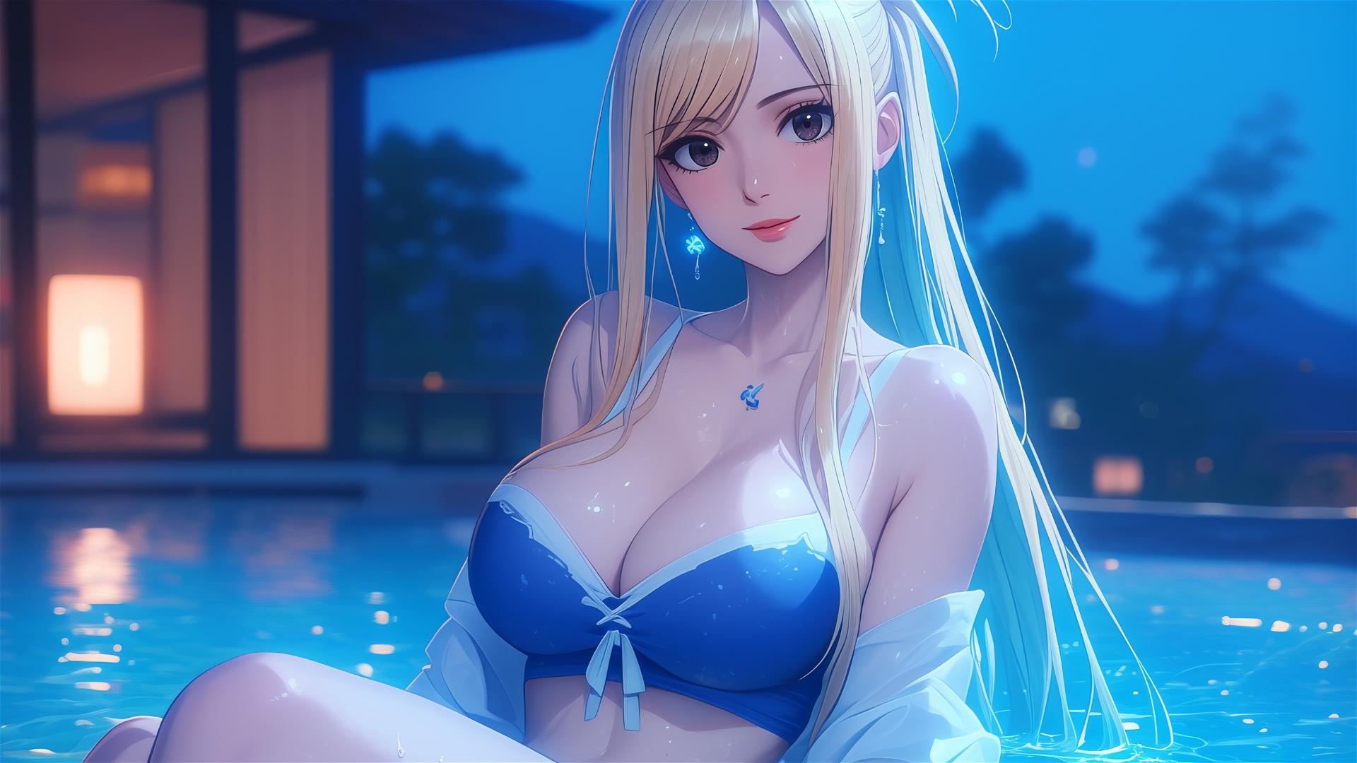 Lucy Heartfilia resting in a tub with moonlight casting a soft glow