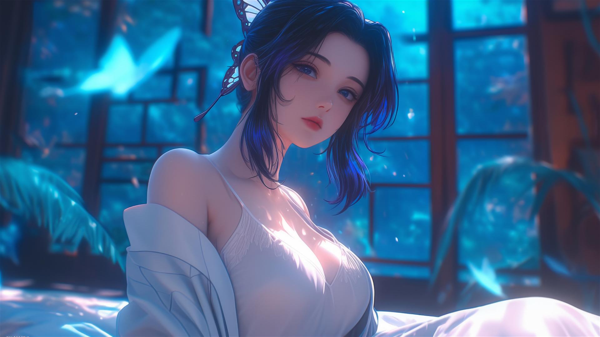 Shinobu Kocho in modern hotel room with neon lights and moon glow