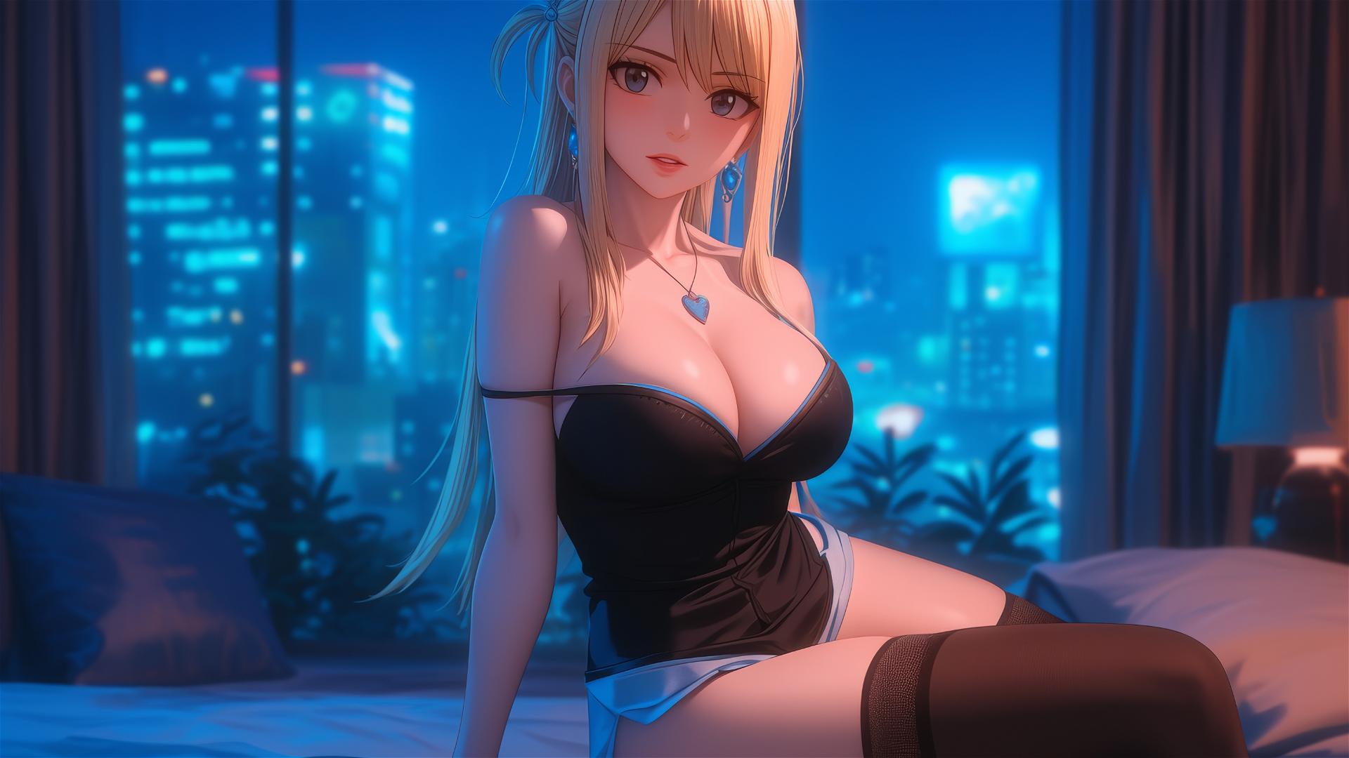 Lucy Heartfilia resting in a moonlit modern hotel room