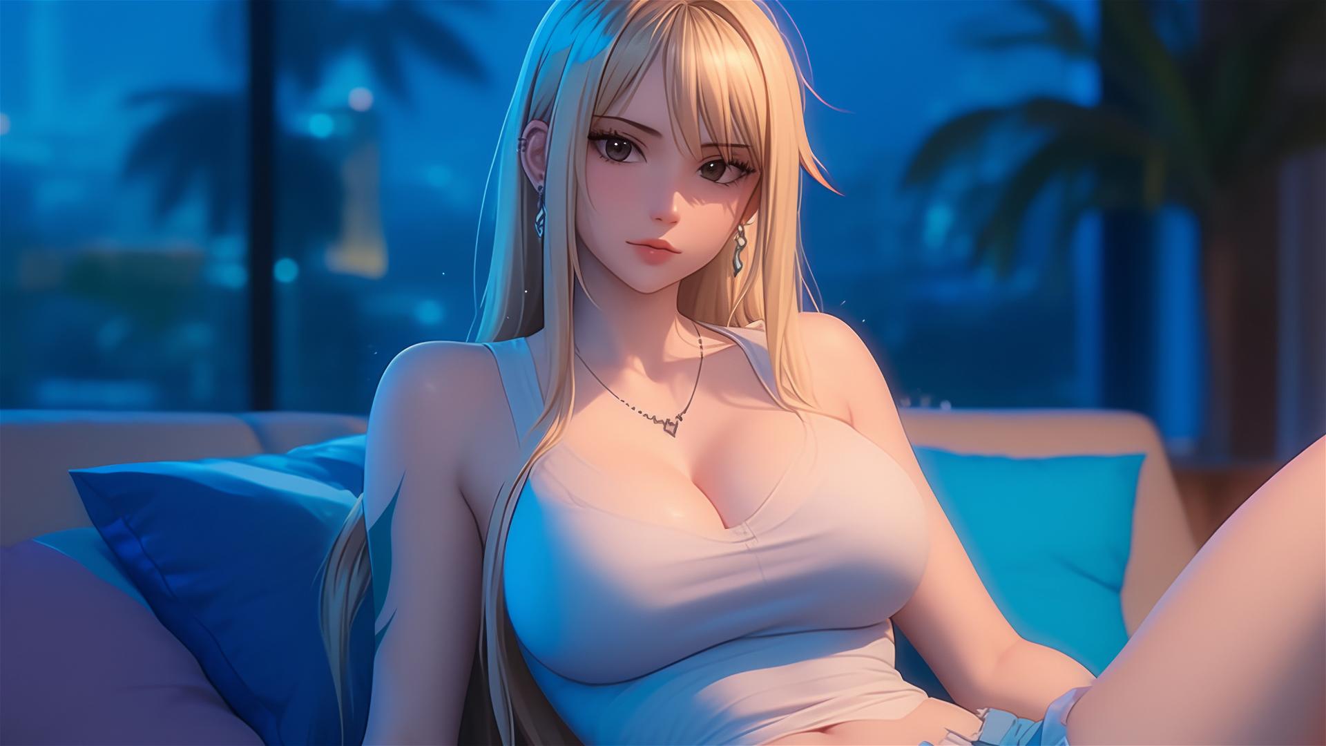 Lucy Heartfilia resting in a modern apartment under moonlight