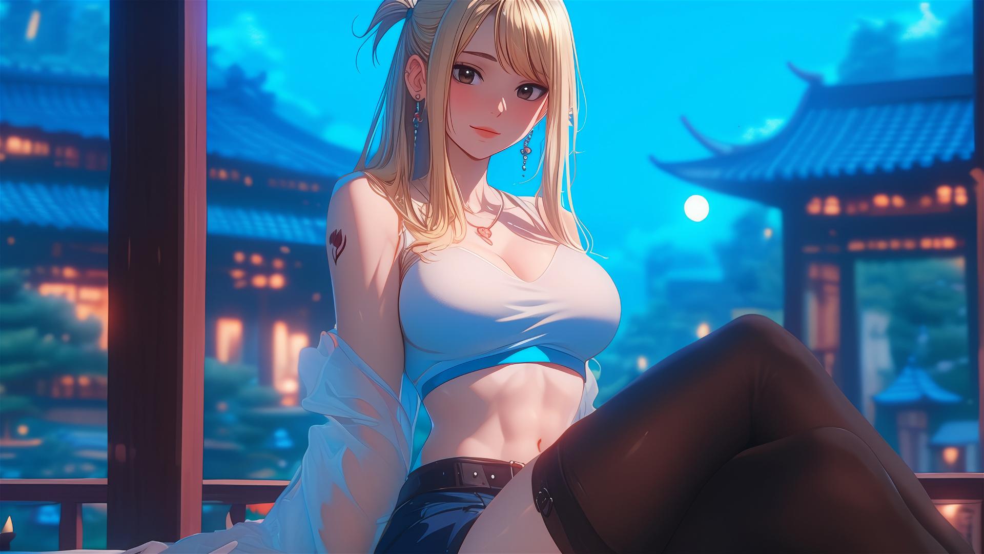 Lucy Heartfilia resting in a modern hotel room with moonlight glow