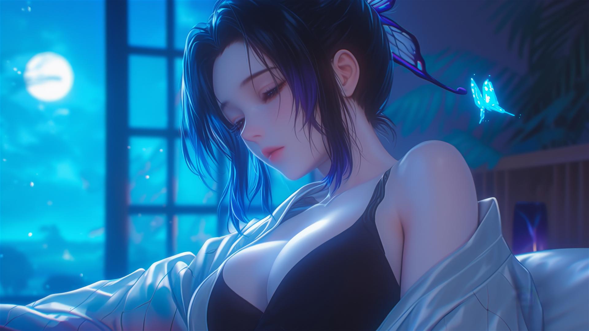 Shinobu Kocho resting in a modern hotel room with moonlight