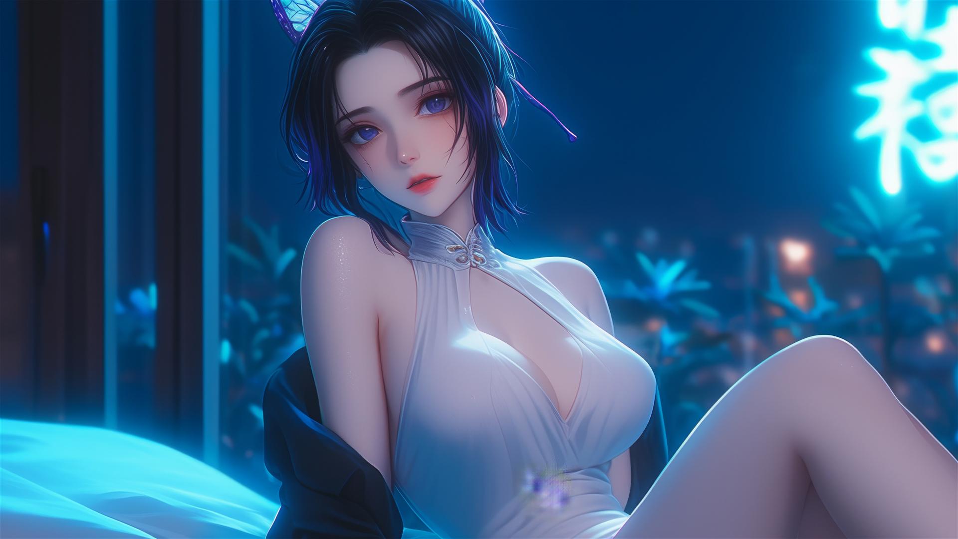 Shinobu Kocho from Demon Slayer resting in a modern hotel room with neon lights and moonlight.