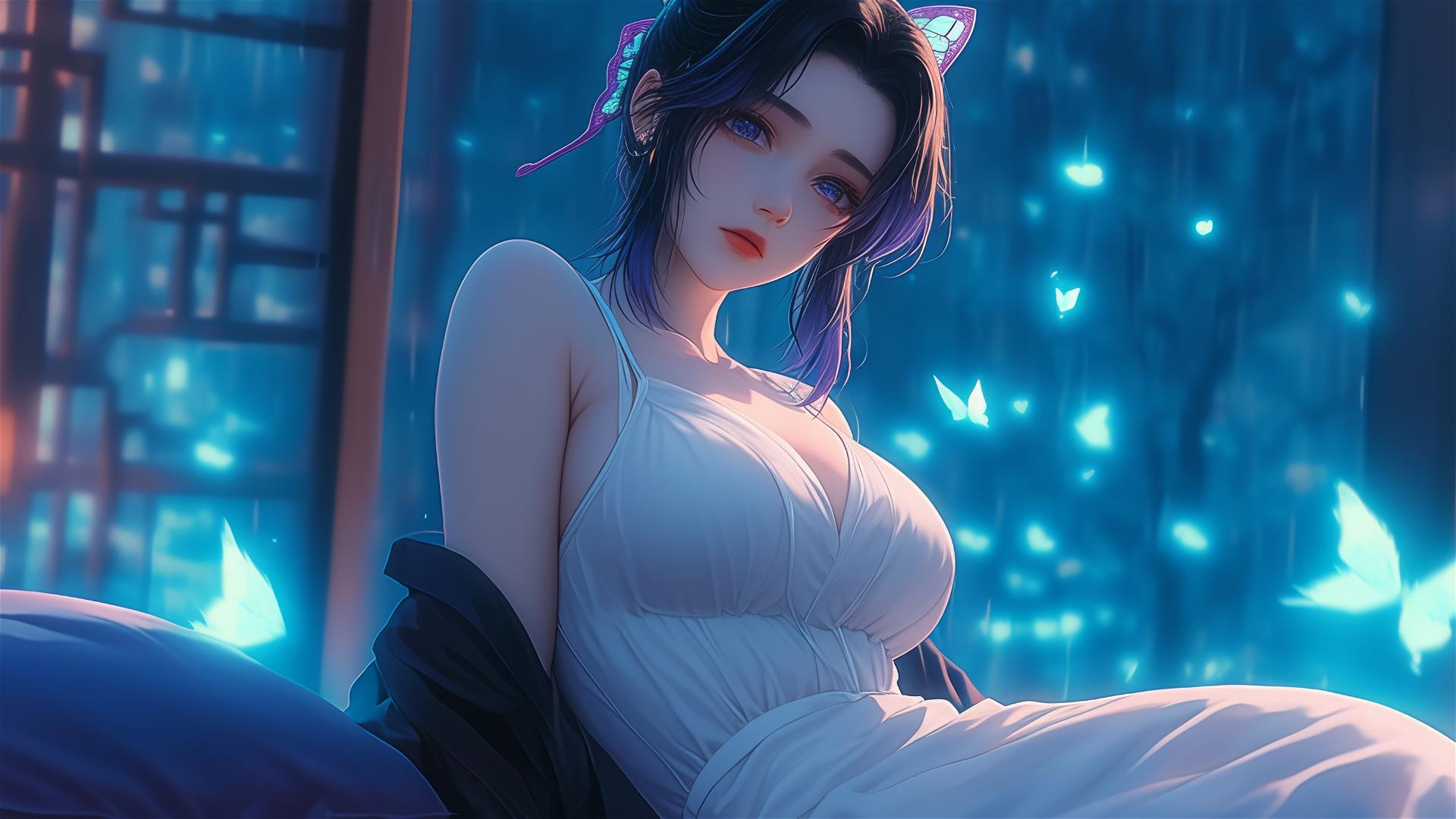 Shinobu Kocho from Demon Slayer in a modern hotel room with neon and moonlight