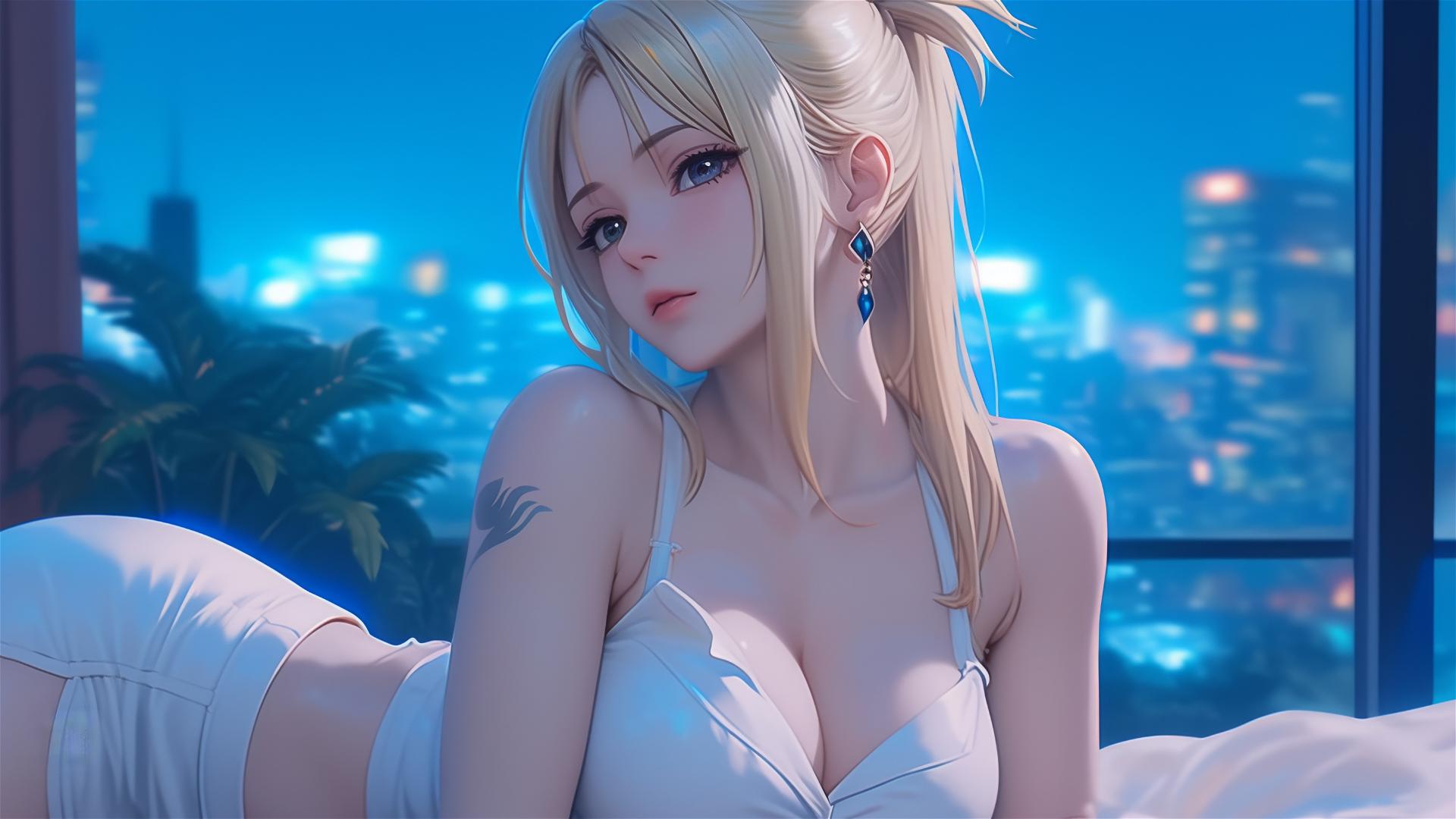 Lucy Heartfilia resting in a modern apartment under moonlight glow