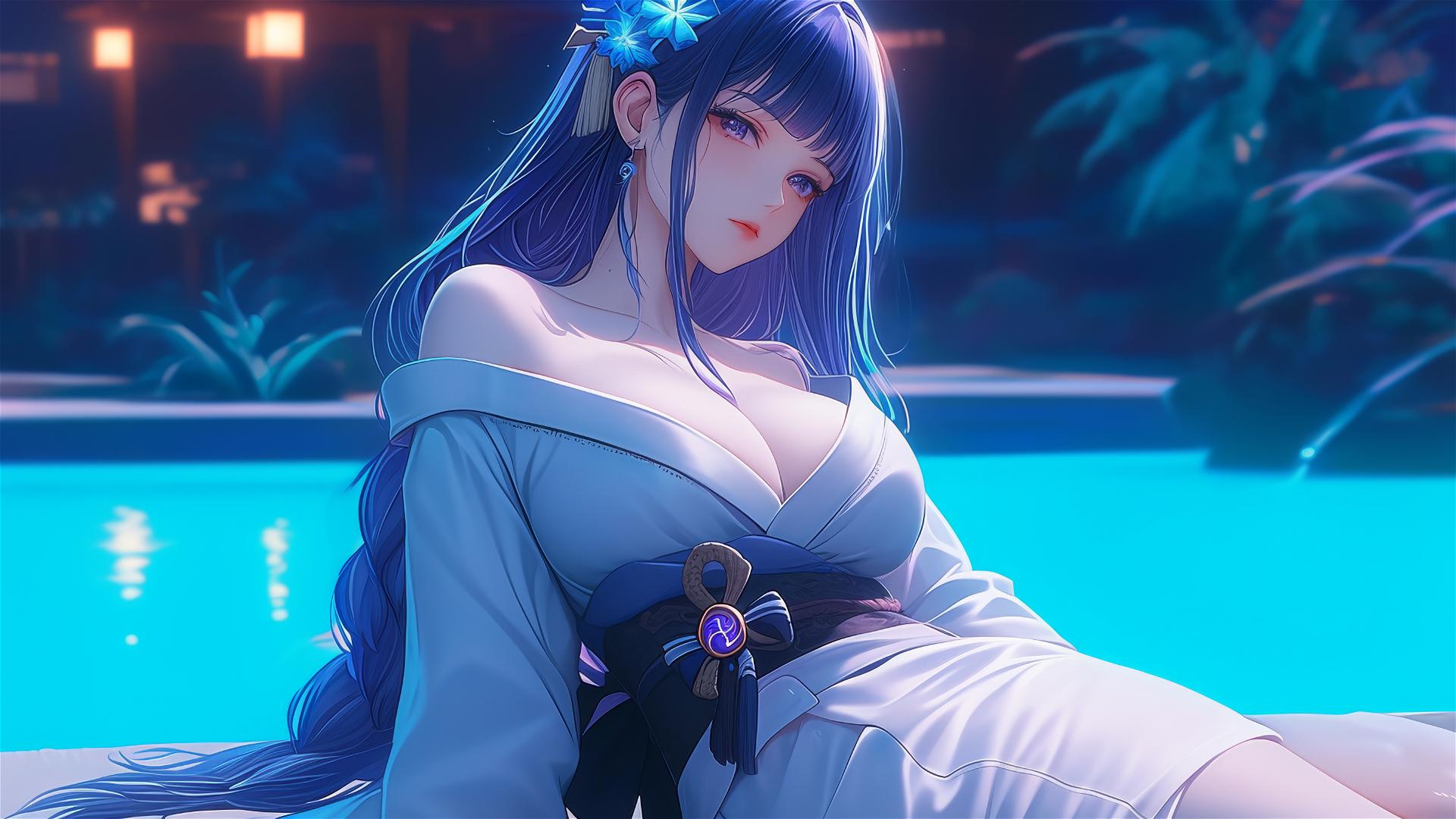 Raiden Shogun resting by a rainy swimming pool under moonlight, purple hair, white pajamas.