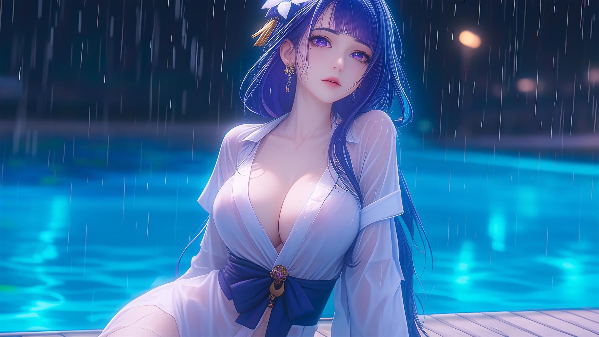 Raiden Shogun resting at a rainy swimming pool with moonlight glow