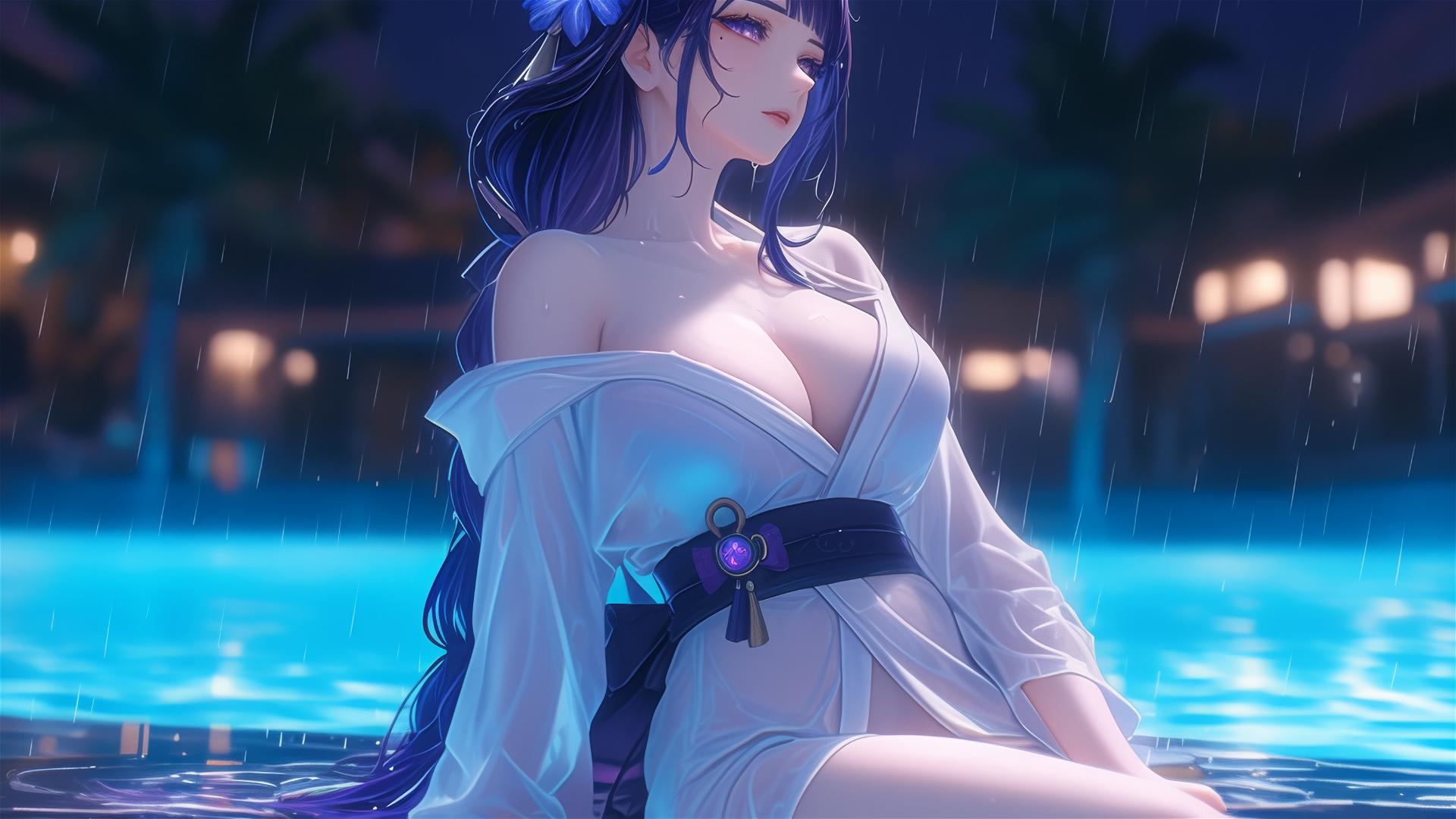 Raiden Shogun resting by a rainy pool, moonlight glowing, wearing white pajamas.