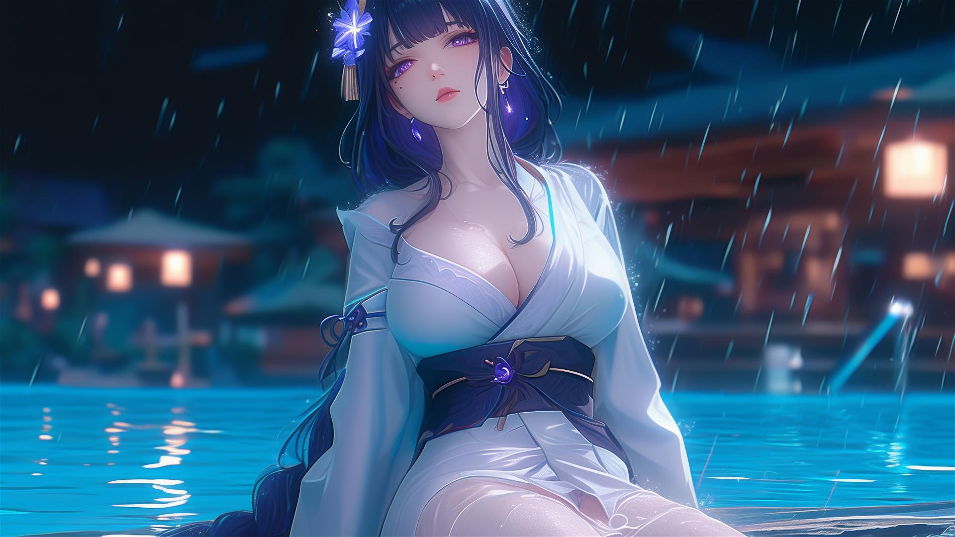 Raiden Shogun resting at a rainy swimming pool with moonlight glow.