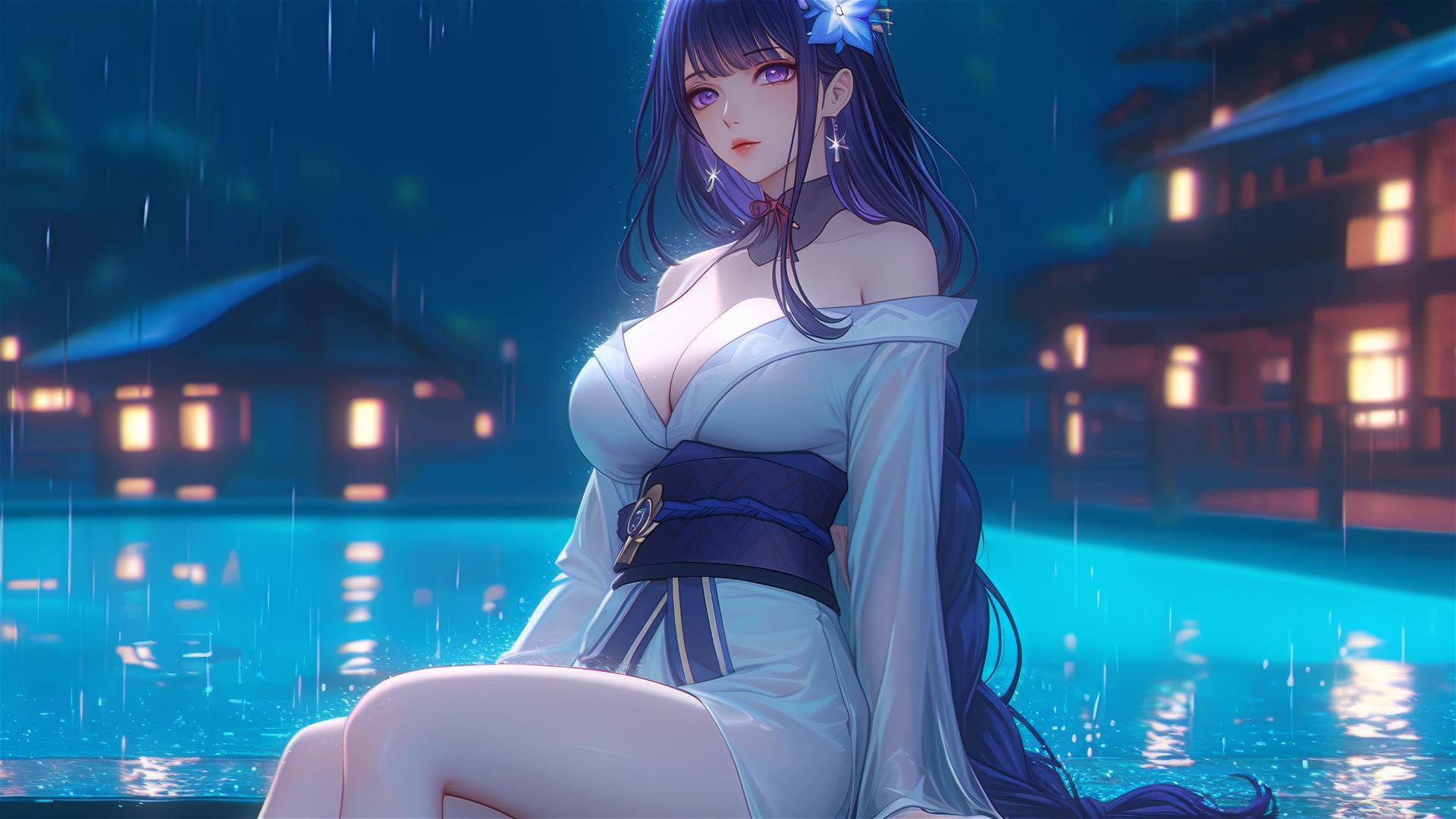 Raiden Shogun resting at a rainy pool with moonlight, purple hair, purple eyes, white pajamas.
