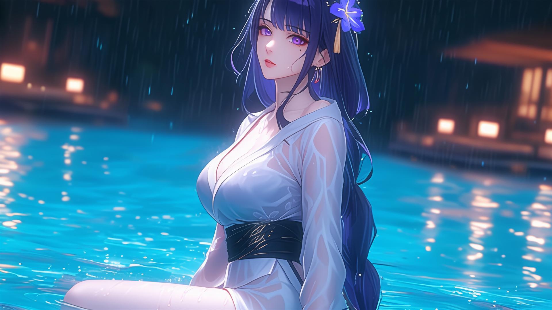 Raiden Shogun leisurely rests by a rainy pool with moonlight glow.