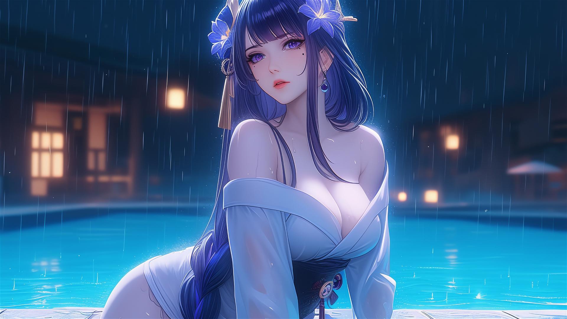 Raiden Shogun from Genshin Impact relaxing by a rainy pool at night.