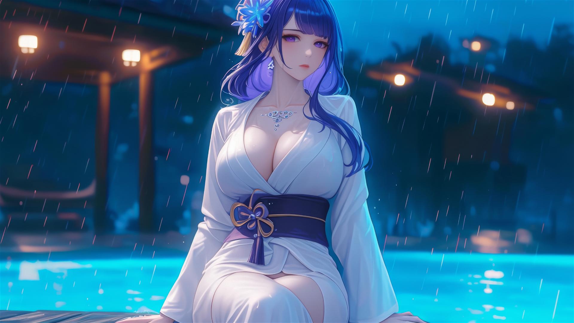 Raiden Shogun from Genshin Impact resting at a rainy swimming pool under moonlight