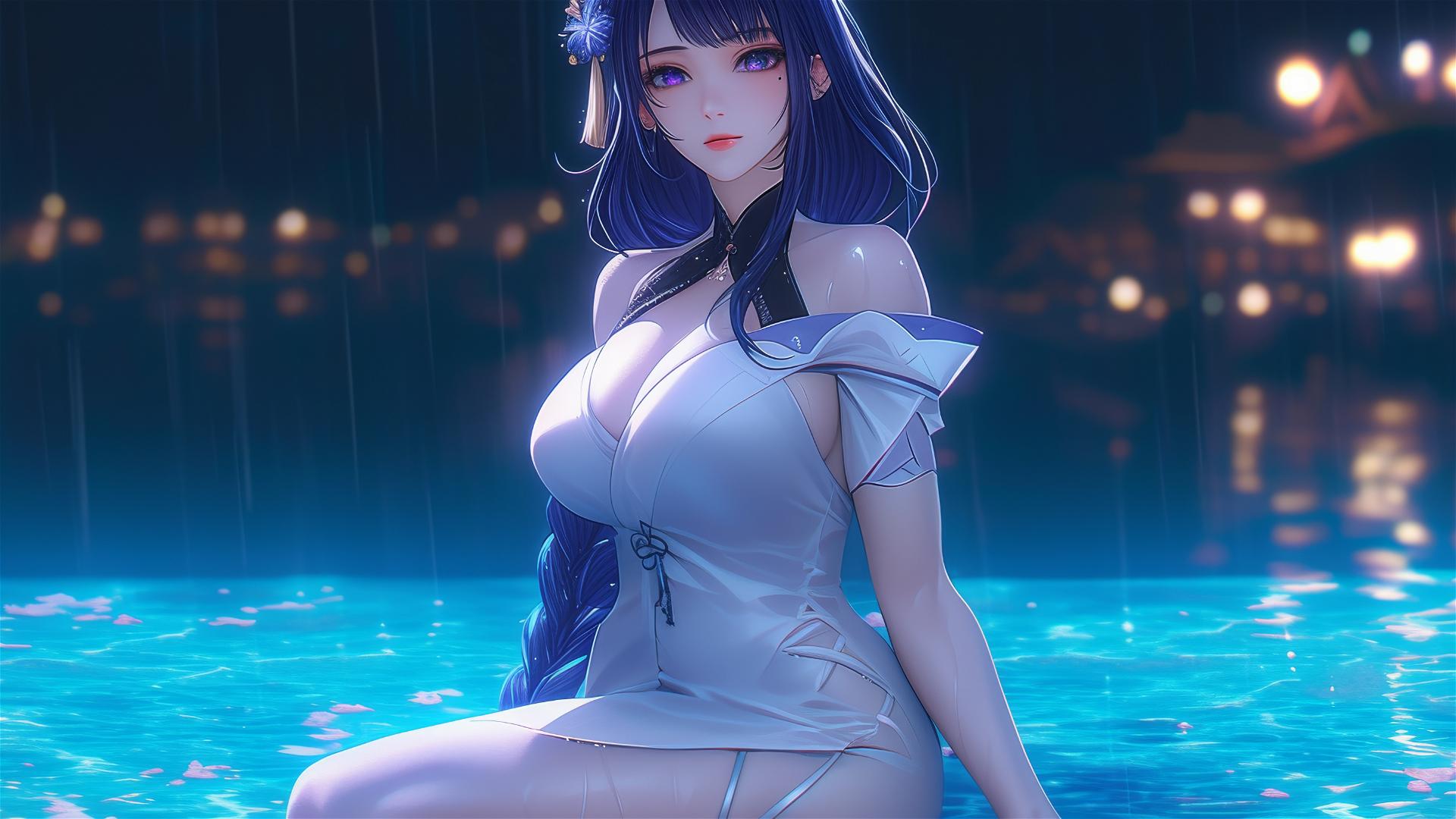 Raiden Shogun from Genshin Impact at a rainy pool, lit by moonlight, in a white dress.