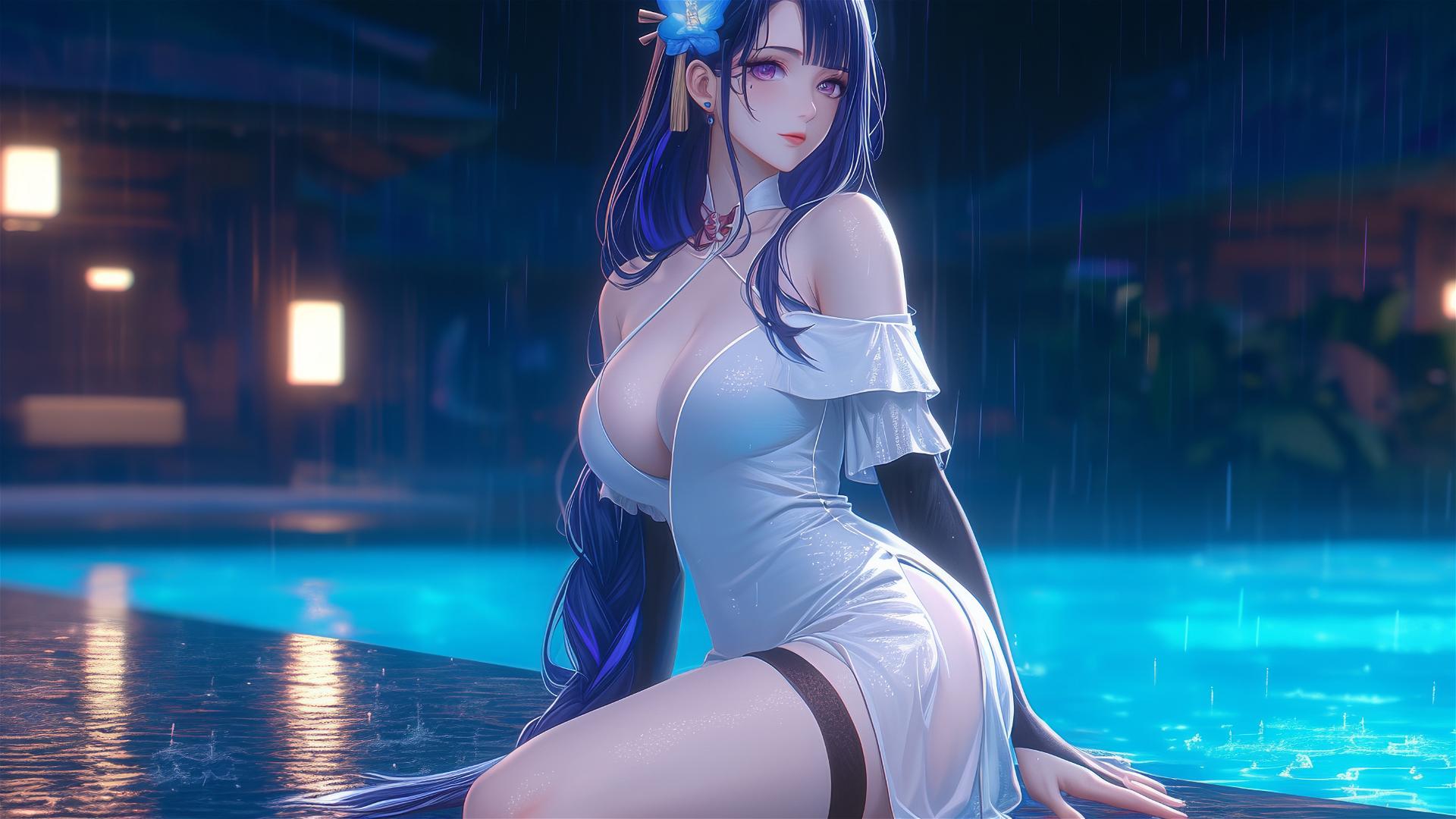 Raiden Shogun from Genshin Impact resting by a rainy swimming pool illuminated by moonlight.