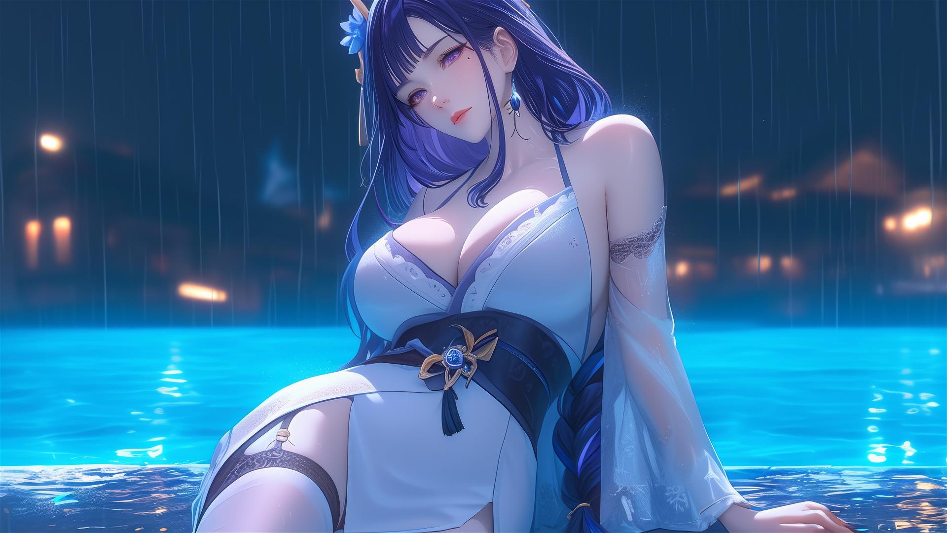 Raiden Shogun resting by a rainy pool, illuminated by moonlight