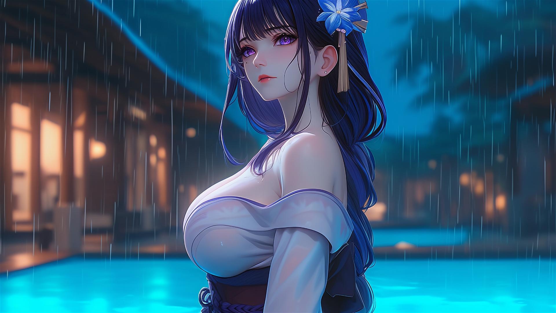 Raiden Shogun from Genshin Impact resting at a rainy swimming pool under moonlight