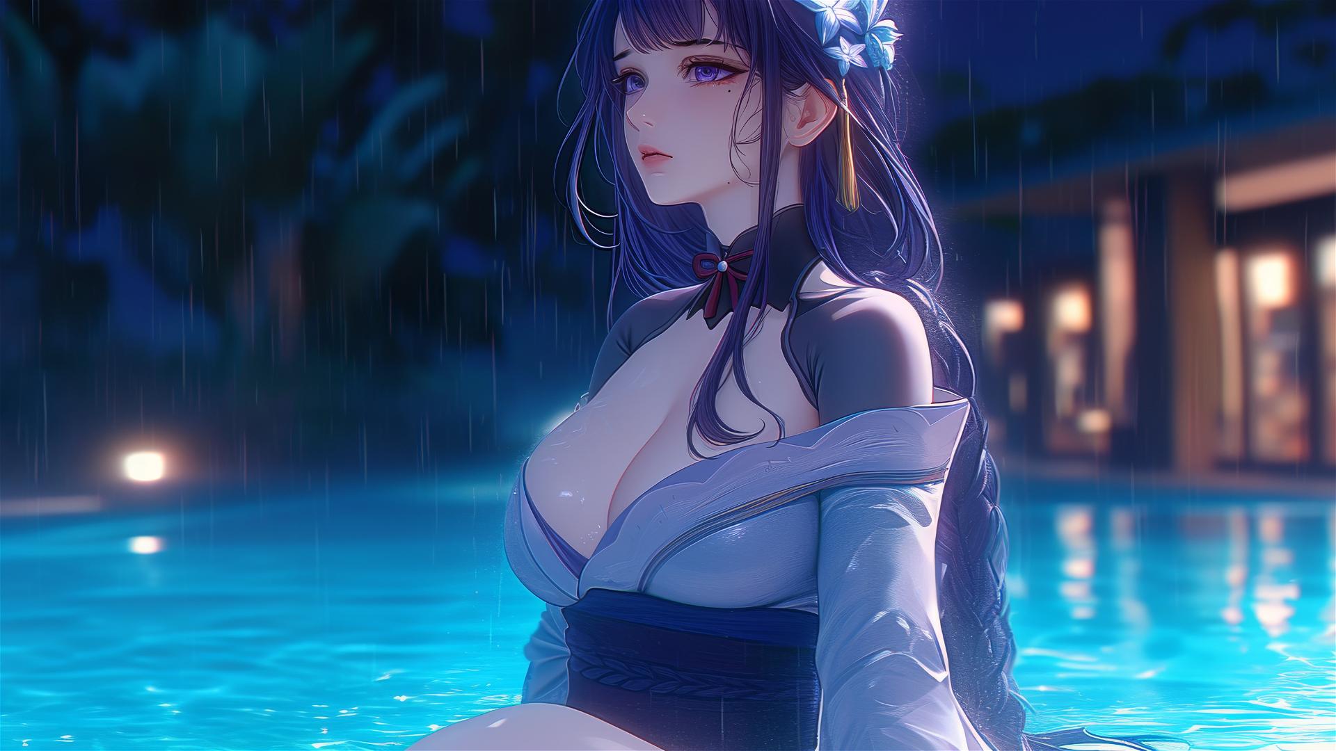 Raiden Shogun from Genshin Impact resting by a rainy swimming pool under moonlight, with purple hair and eyes and a flower in her hair.