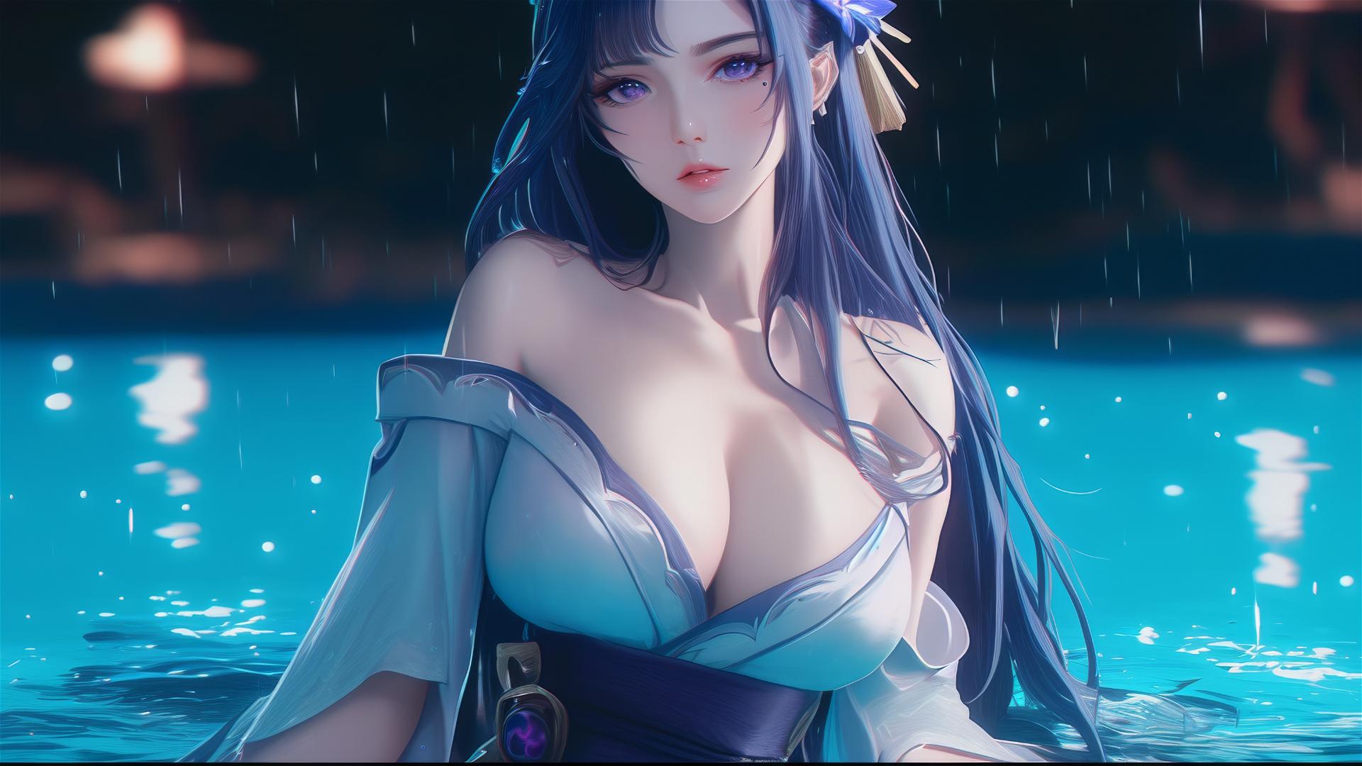 Raiden Shogun from Genshin Impact resting at rainy pool with moonlight