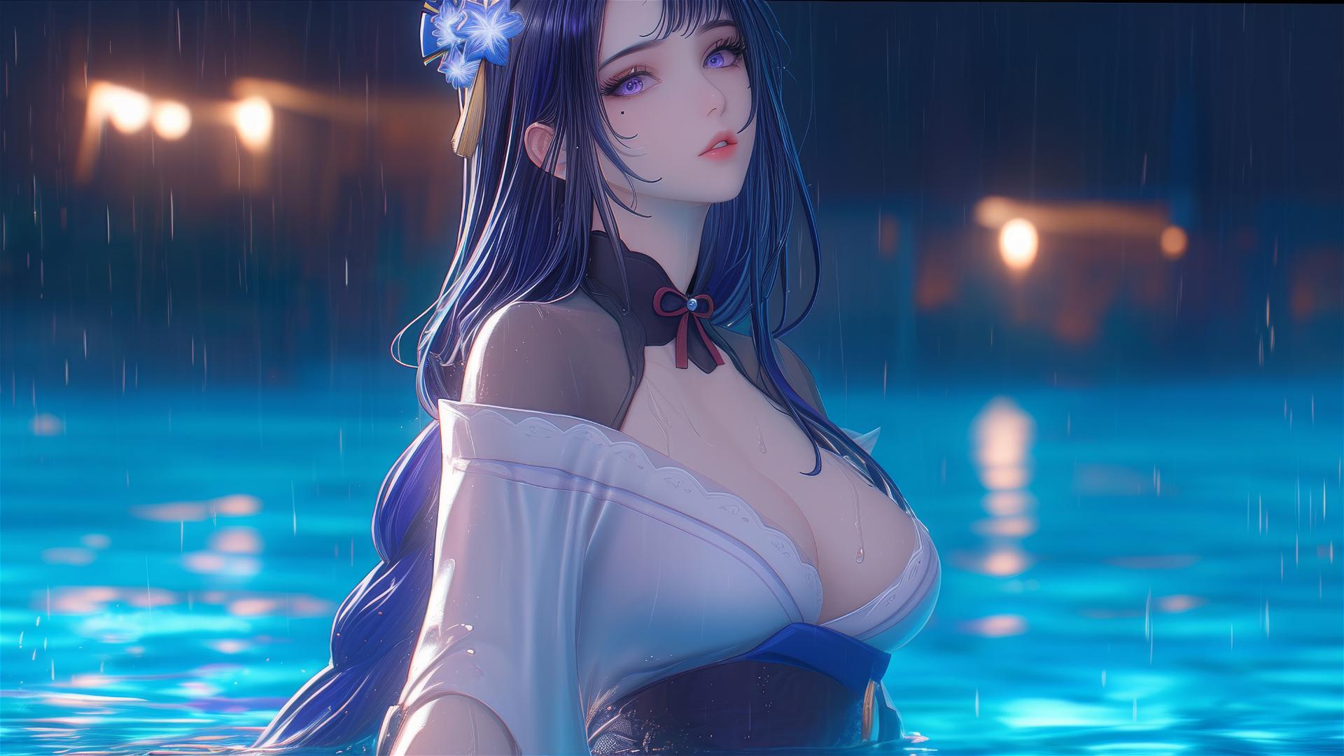 Raiden Shogun from Genshin Impact resting by a rainy pool under moonlight.