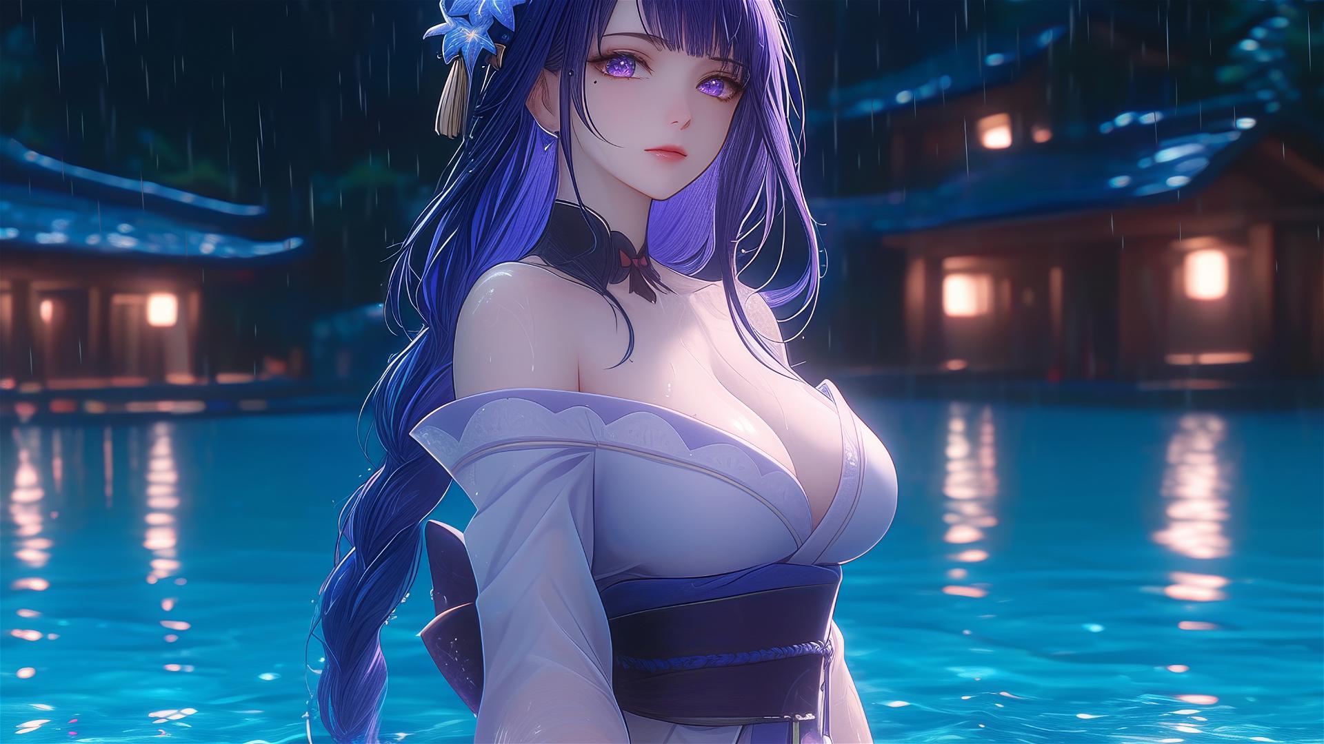 Raiden Shogun from Genshin Impact resting at a rainy pool with moonlight