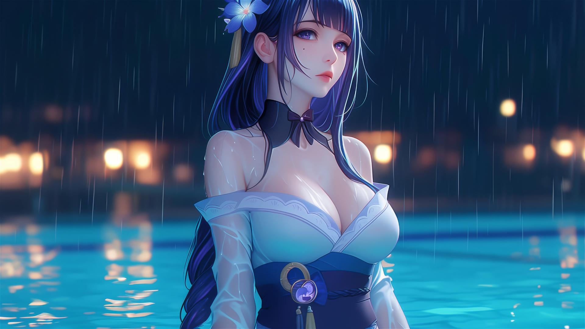 Raiden Shogun from Genshin Impact resting at a rainy swimming pool, lit by moonlight.