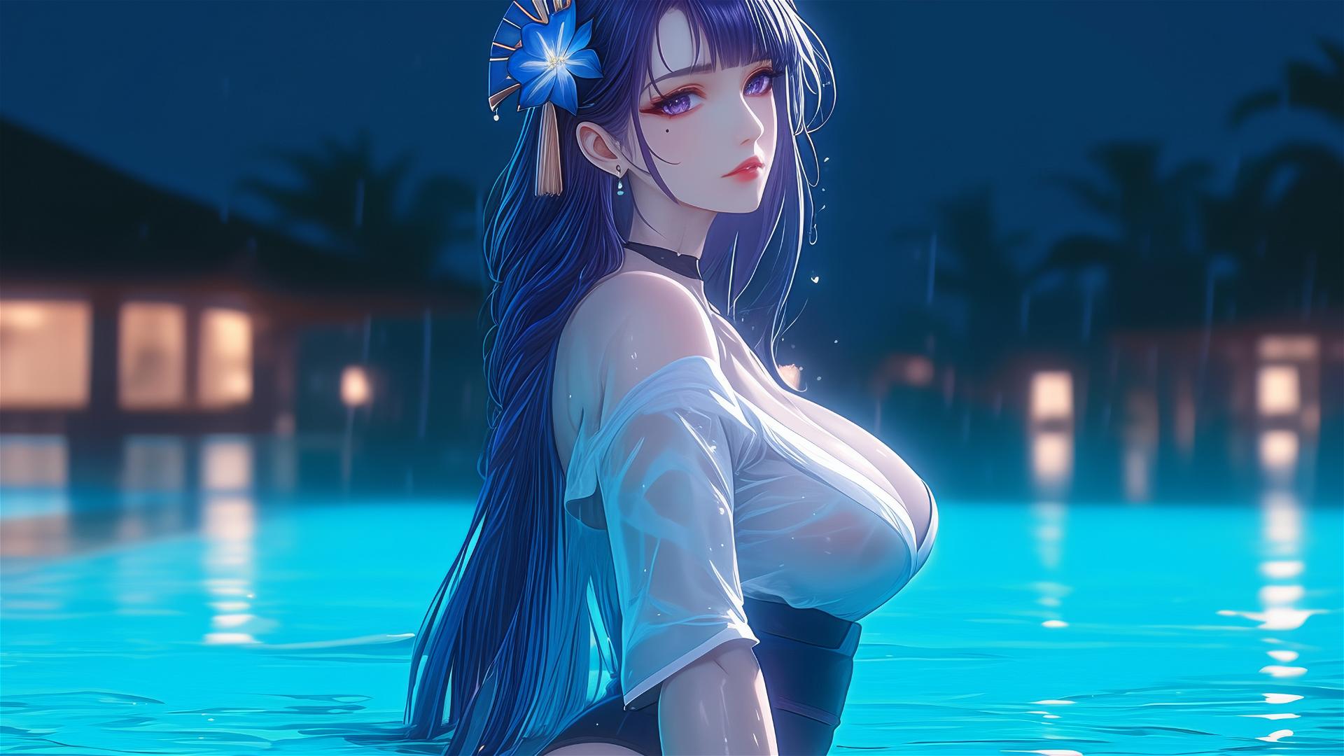 Raiden Shogun resting at a rainy swimming pool under moonlight