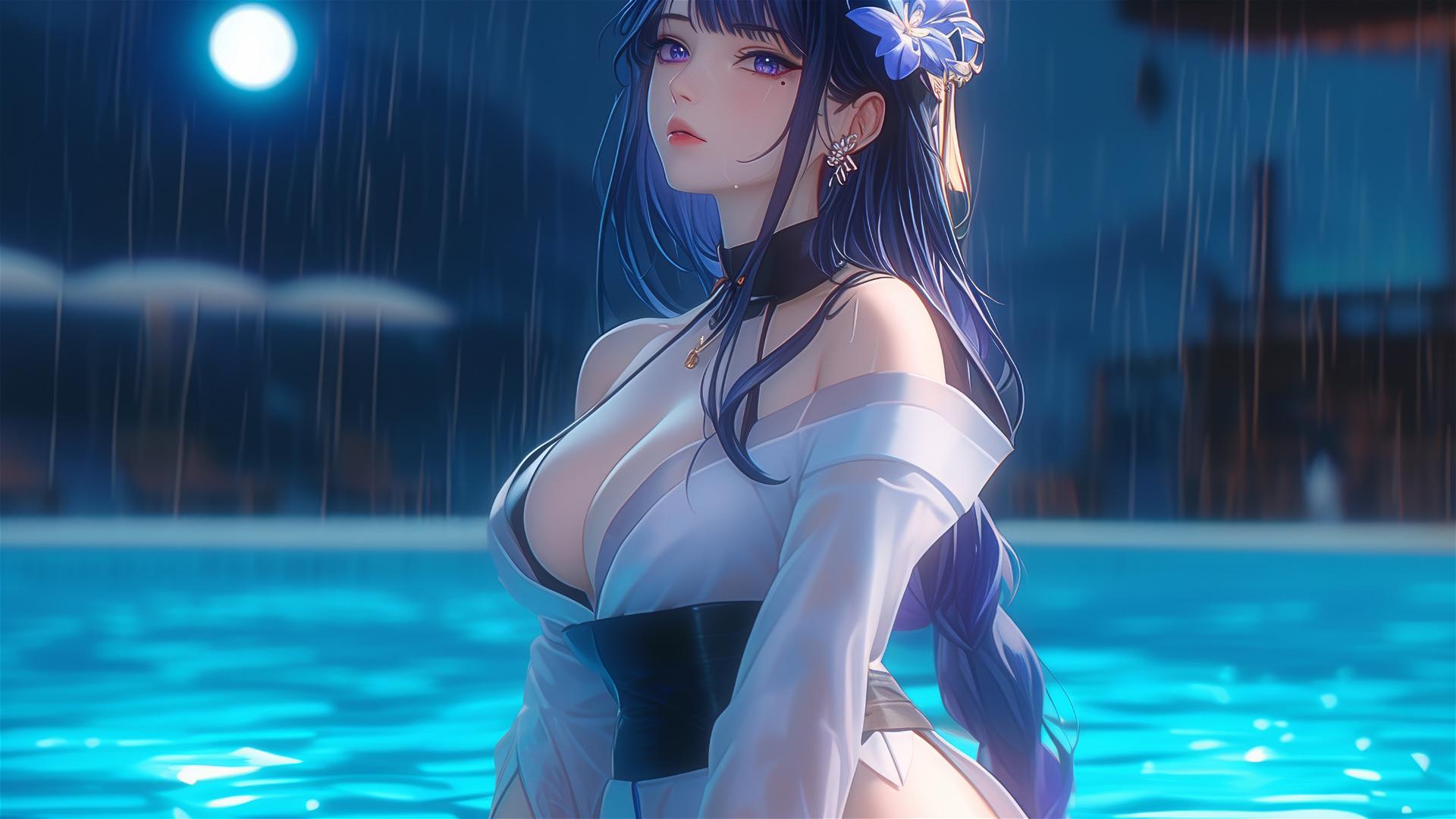 Raiden Shogun from Genshin Impact resting at rainy swimming pool with moonlight