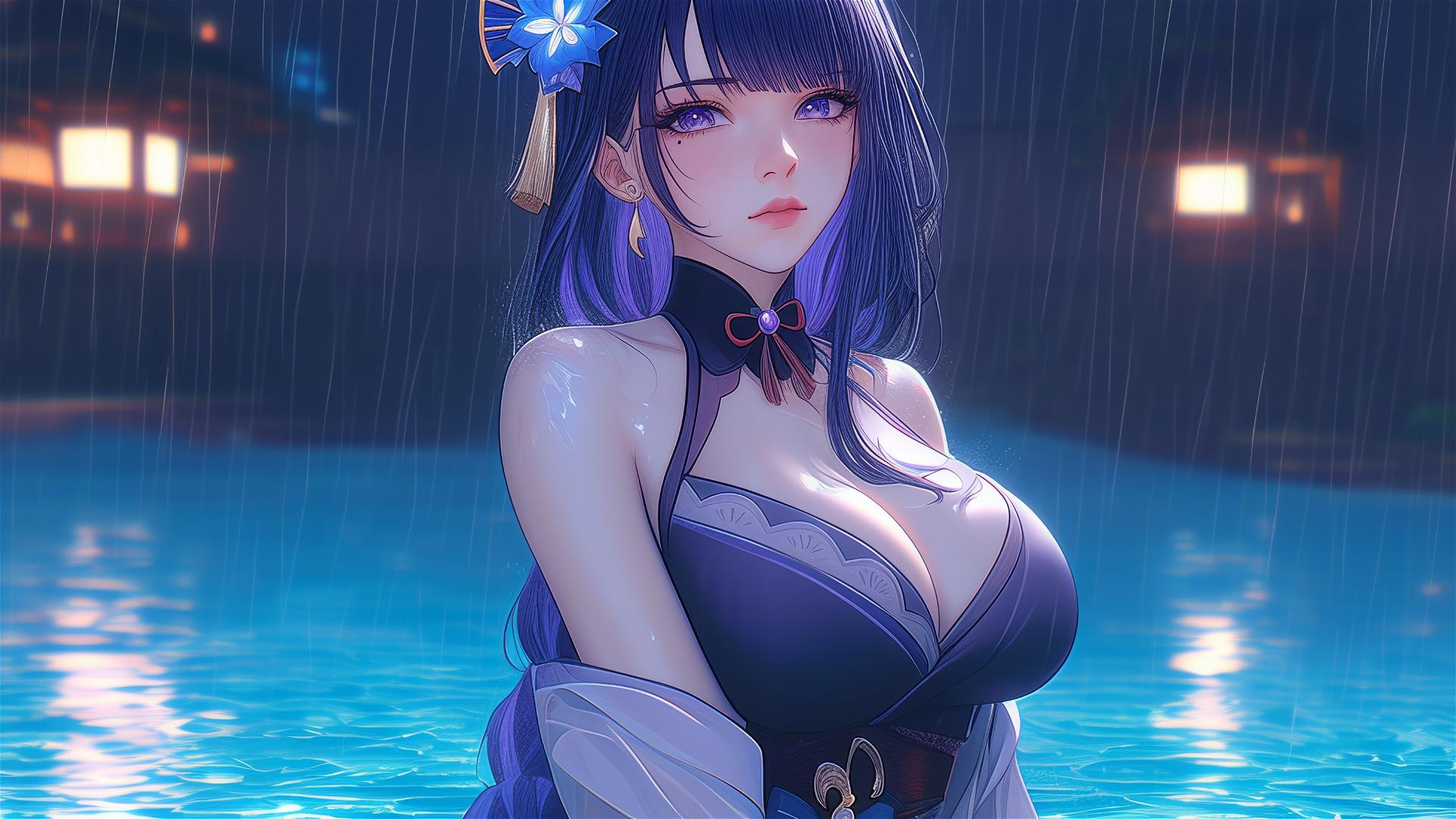 Raiden Shogun from Genshin Impact rests by a rainy pool in moonlight, purple hair and eyes, flower on head.