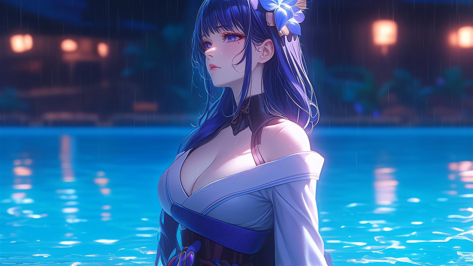 Raiden Shogun from Genshin Impact resting at a rainy pool under moonlight