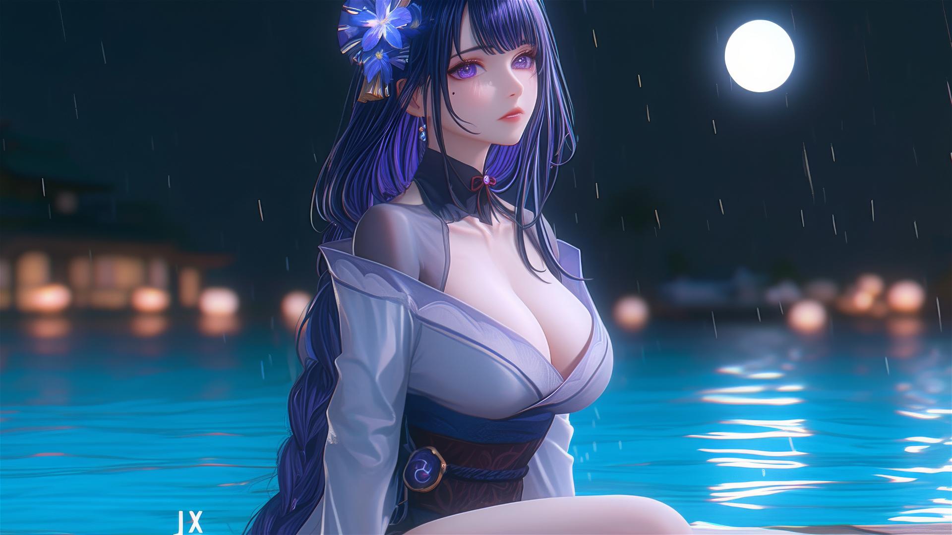Raiden Shogun from Genshin Impact at a rainy swimming pool with moonlight, purple hair, and purple eyes.