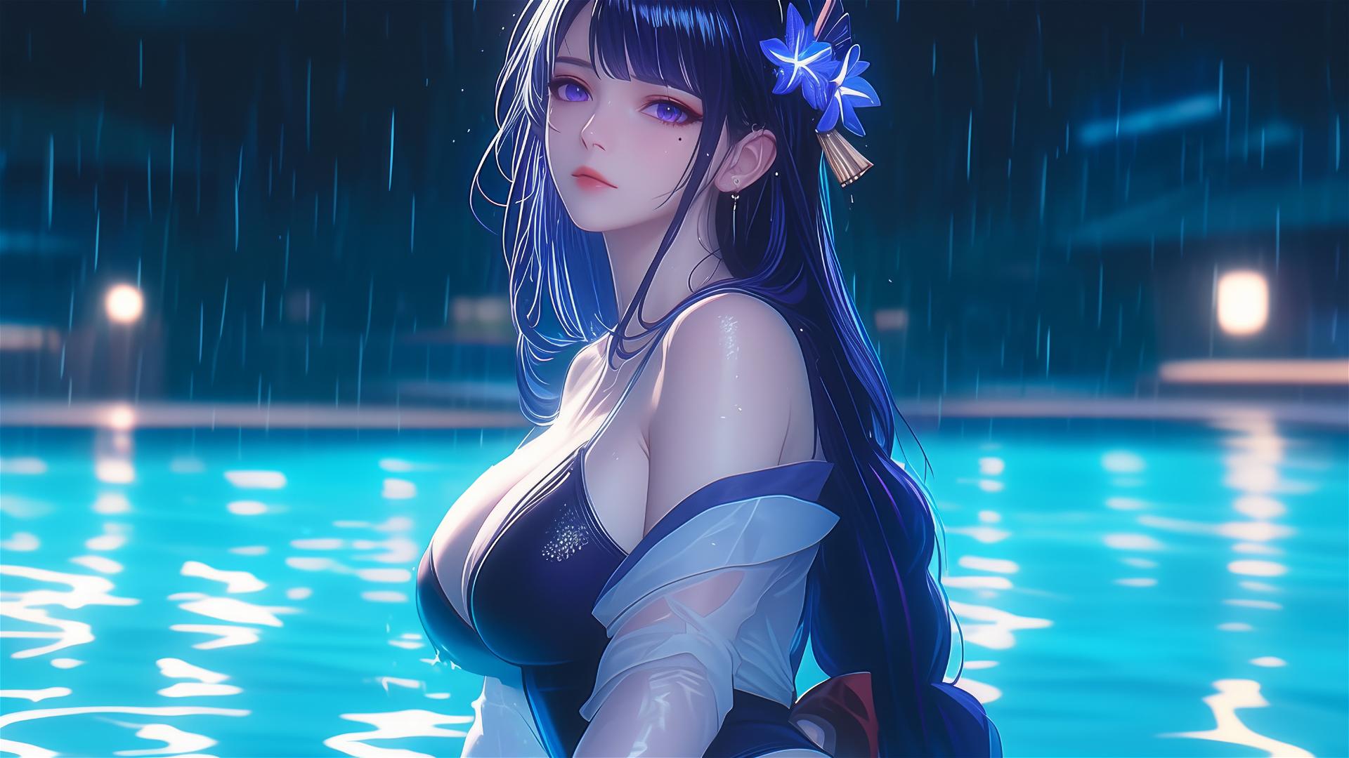 Raiden Shogun from Genshin Impact resting by a rainy pool, illuminated by moonlight.