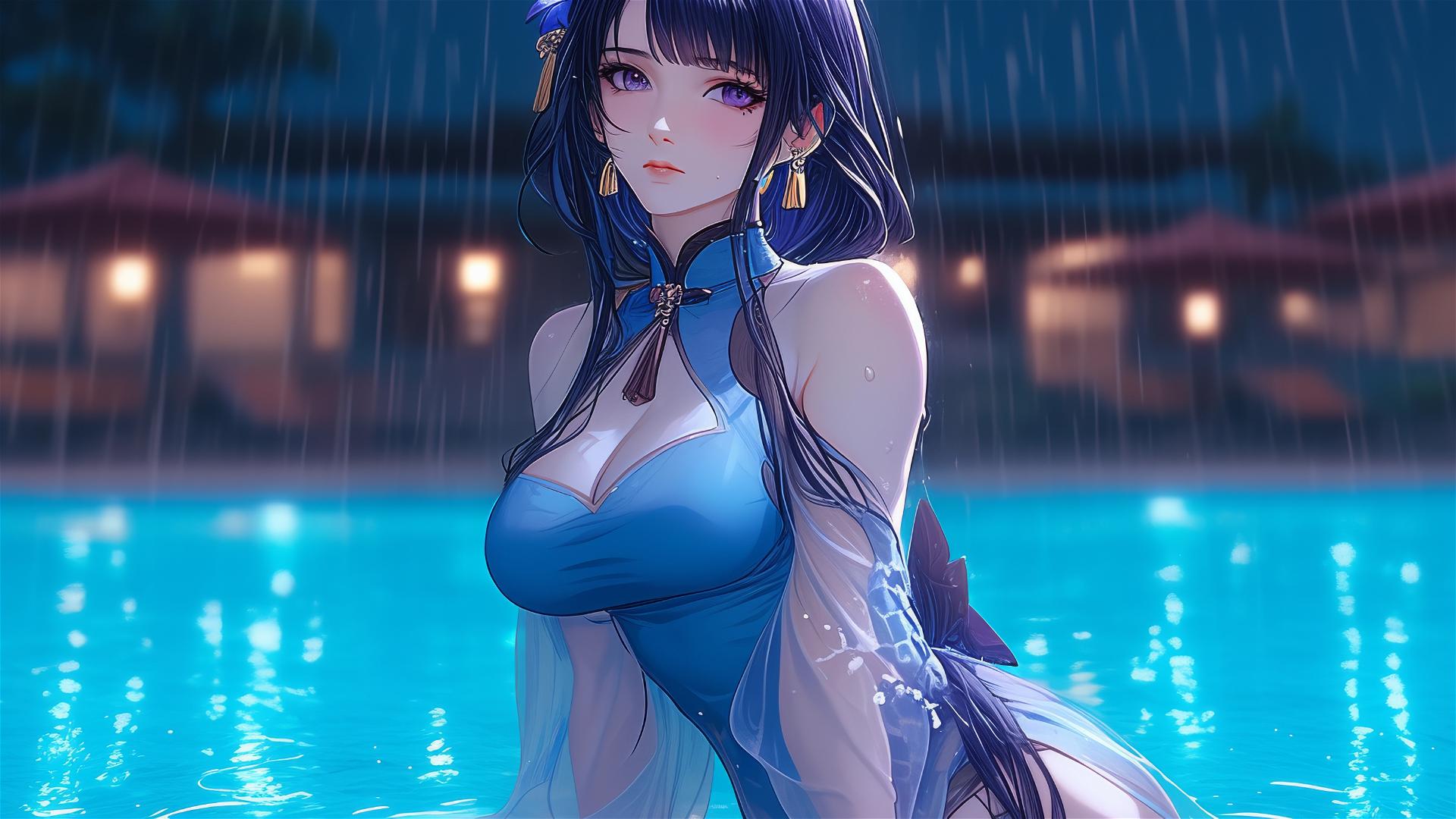 Raiden Shogun resting by a rainy swimming pool with moonlight glow