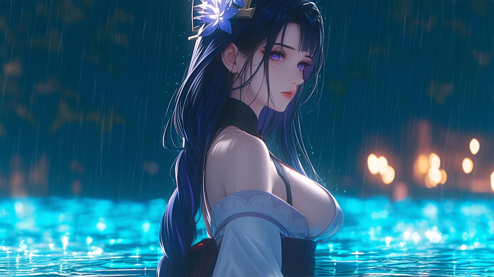 Raiden Shogun from Genshin Impact resting at a rainy swimming pool with moonlight glow