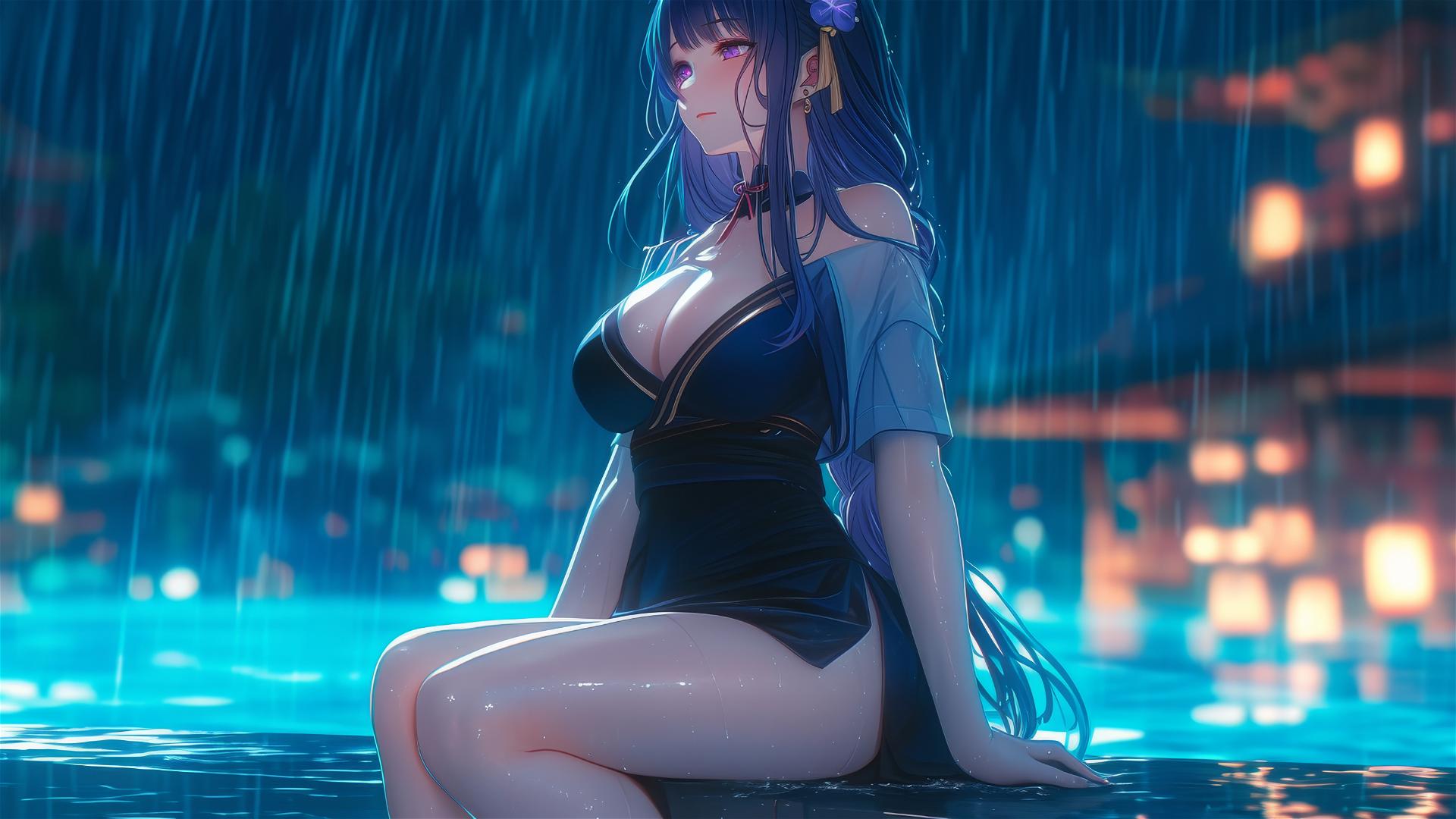 Raiden Shogun from Genshin Impact resting by a rainy swimming pool, moonlight glow