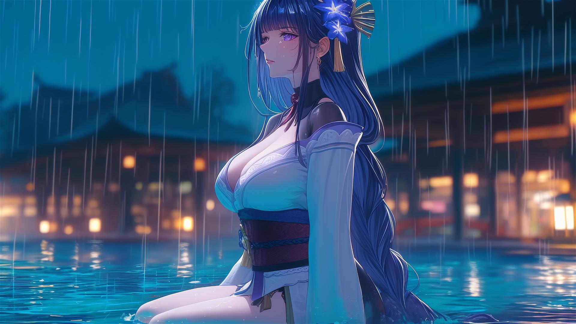 Raiden Shogun from Genshin Impact resting at a rainy swimming pool under moonlight.