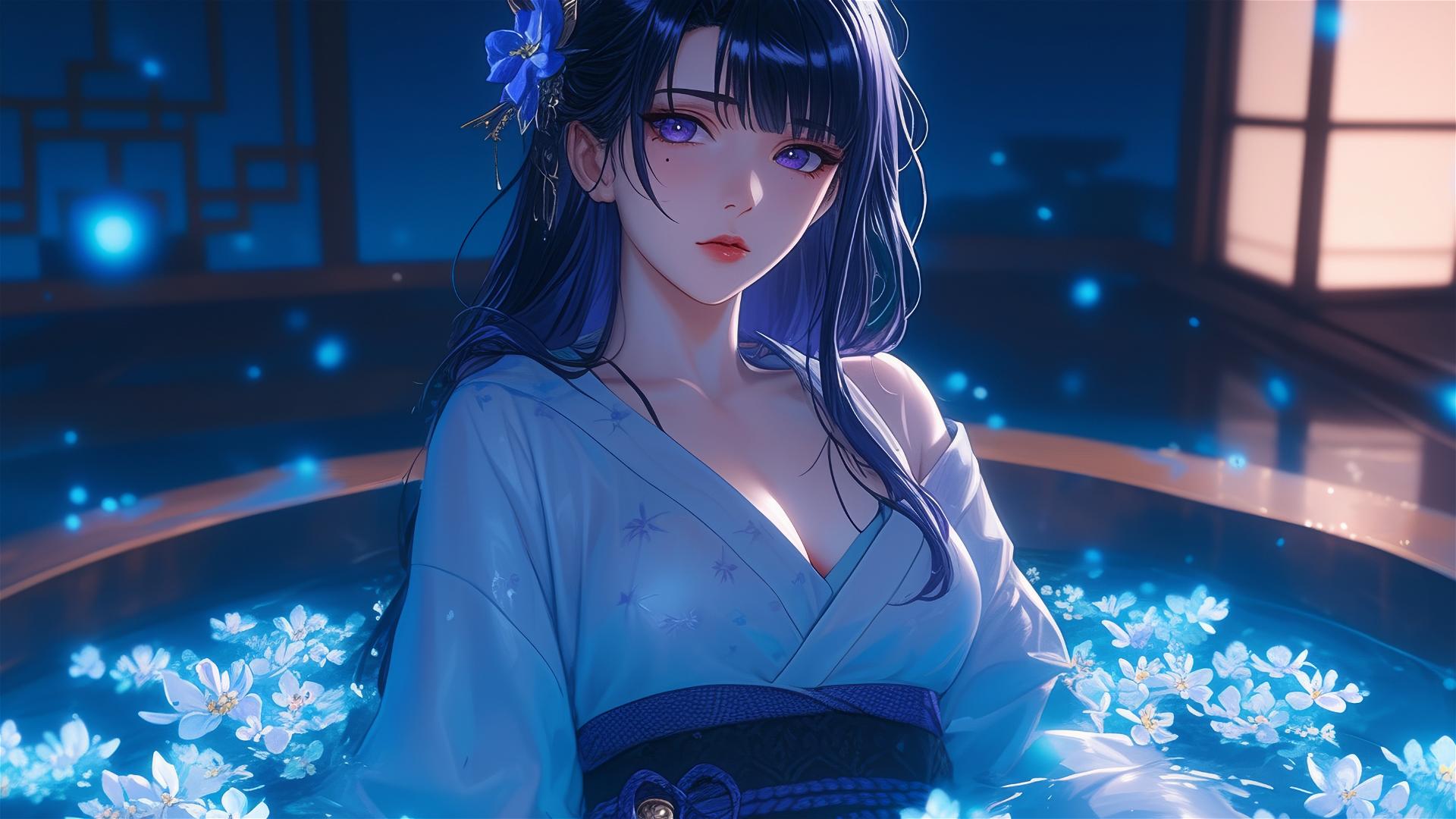 Top down view of Raiden Shogun in tub full of flowers, purple hair and eyes