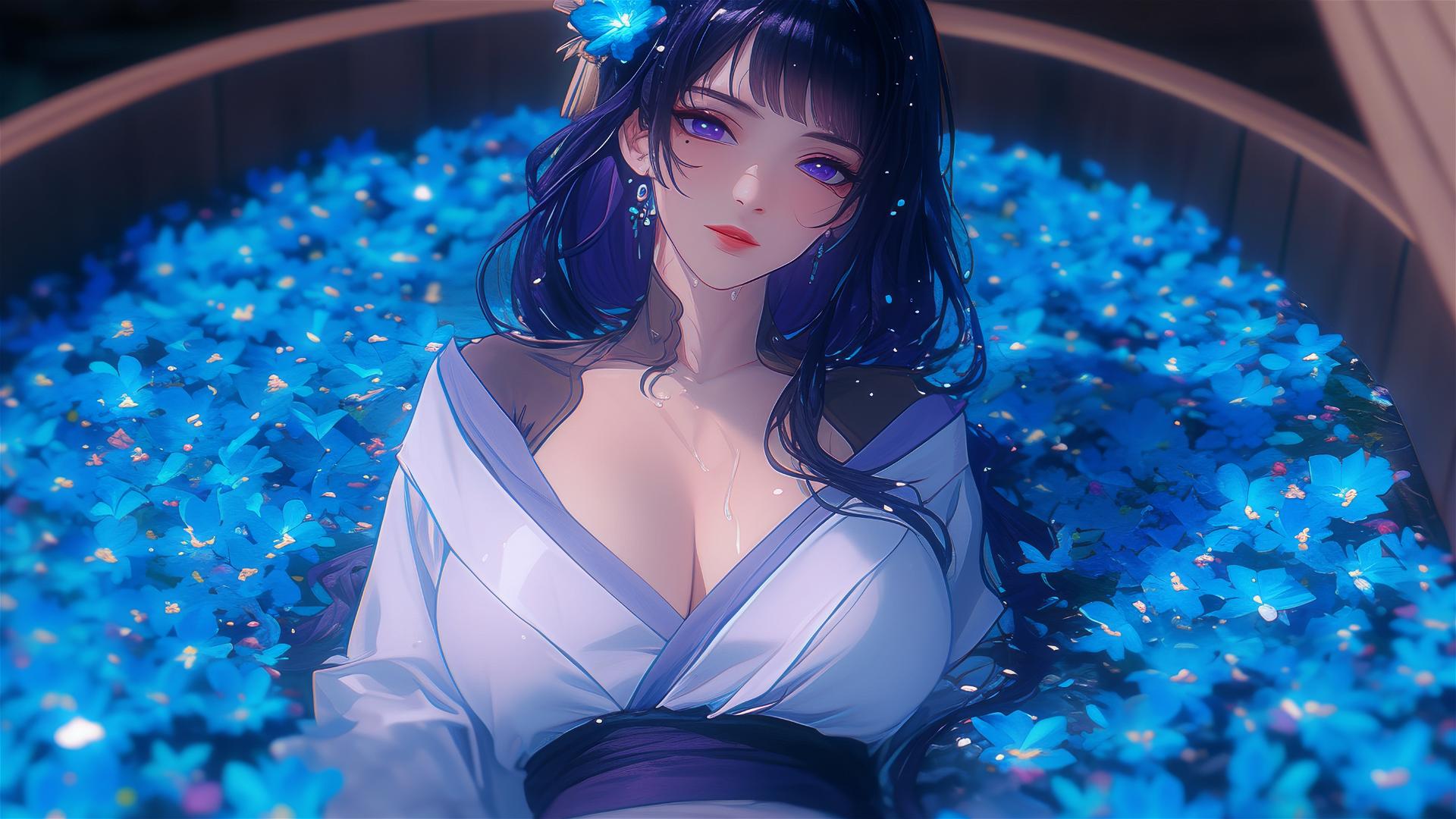 Top-down view of Raiden Shogun from Genshin Impact in a floral tub, Chinese spa